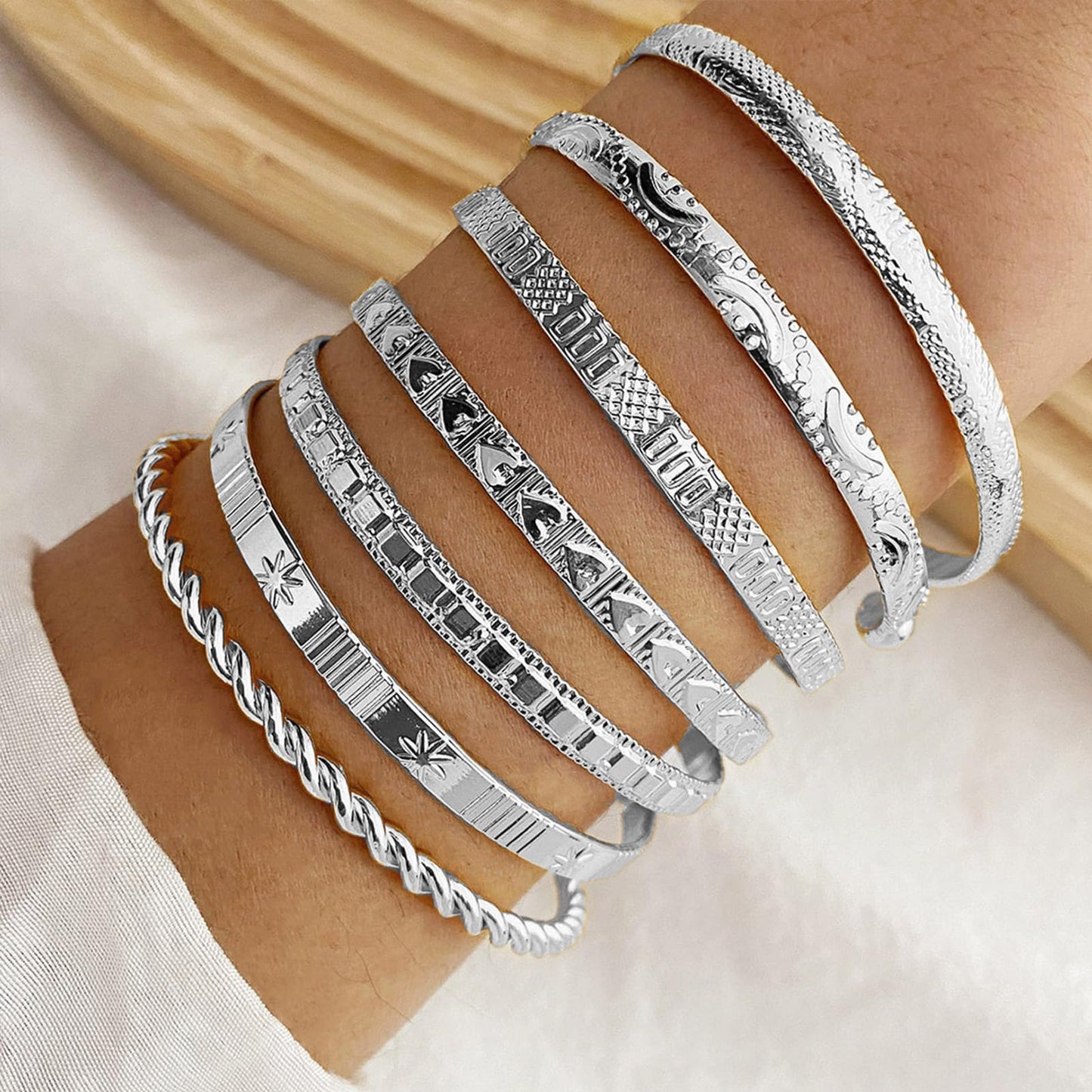 IFKM Silver Bangles Bracelets For Women, Silver Plated Multi Layer Stackable Cuff Bracelet Set, Trendy Elegance Charms Non Tarnish Minimalist Textured Boho Jewelry Gift for Women