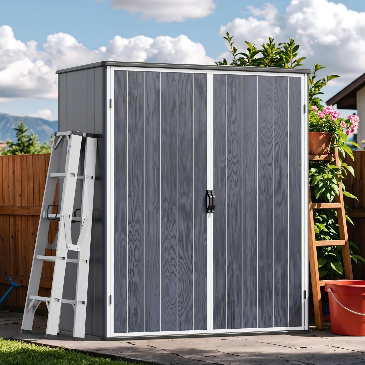 Devoko 5x3 FT Resin Outdoor Storage Shed with Floor, Plastic Outdoor Storage Cabinet, Waterproof Vertical Tool Shed with Lockable Door for Patio, Garden, Backyard, Dark Gray
