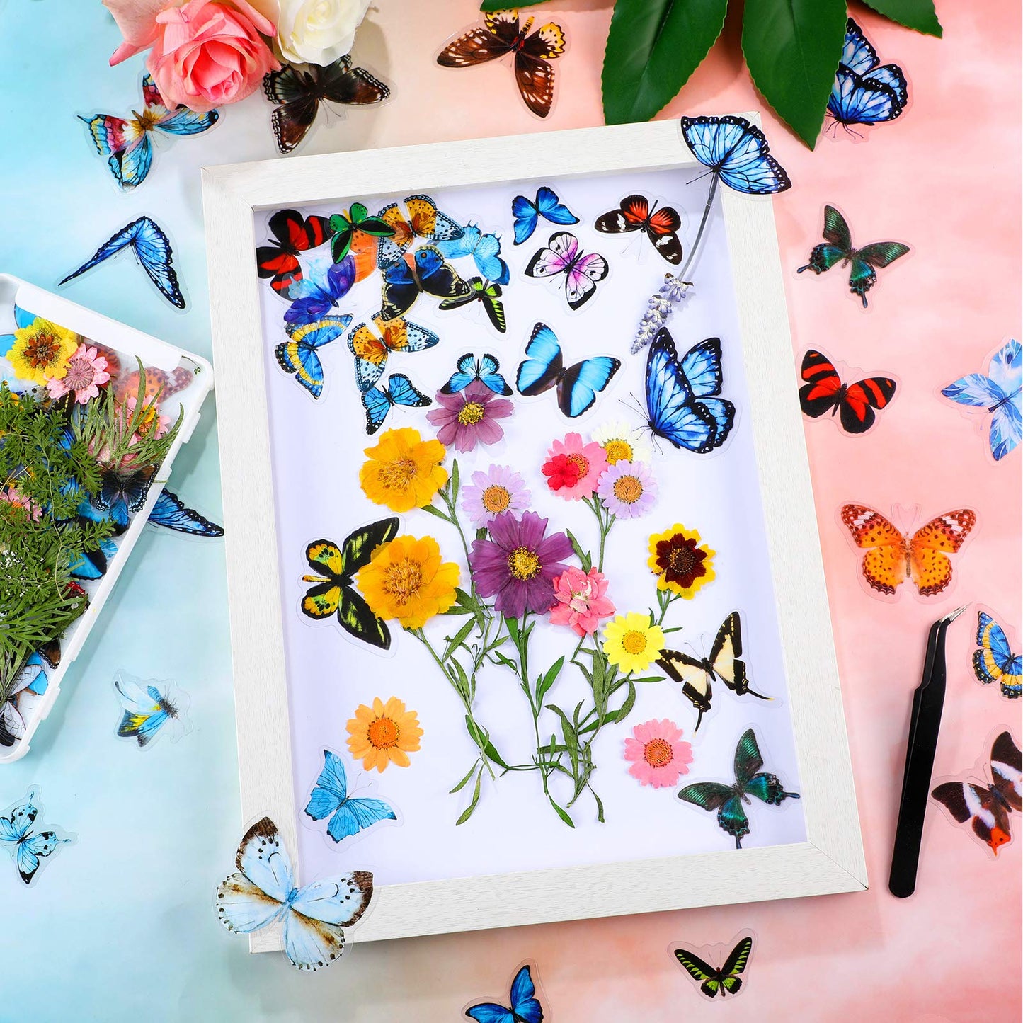 Dried Pressed Flower and Butterfly Transparent Sticker Set, Natural Real Dried Flower Butterfly Scrapbook Decal with Box and Curved Tweezers for DIY Decoration Resin Making (Bright Series)