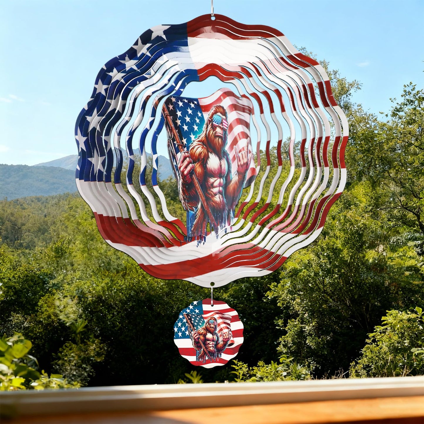Big Foot Wind Spinners Outdoor - Bigfoot Gifts for Men, Bigfoot American Flag Wind Chime for Outside, Hanging Metal Wind Sculptures for Garden Indoor Patio Lawn Yard, Veterans Day