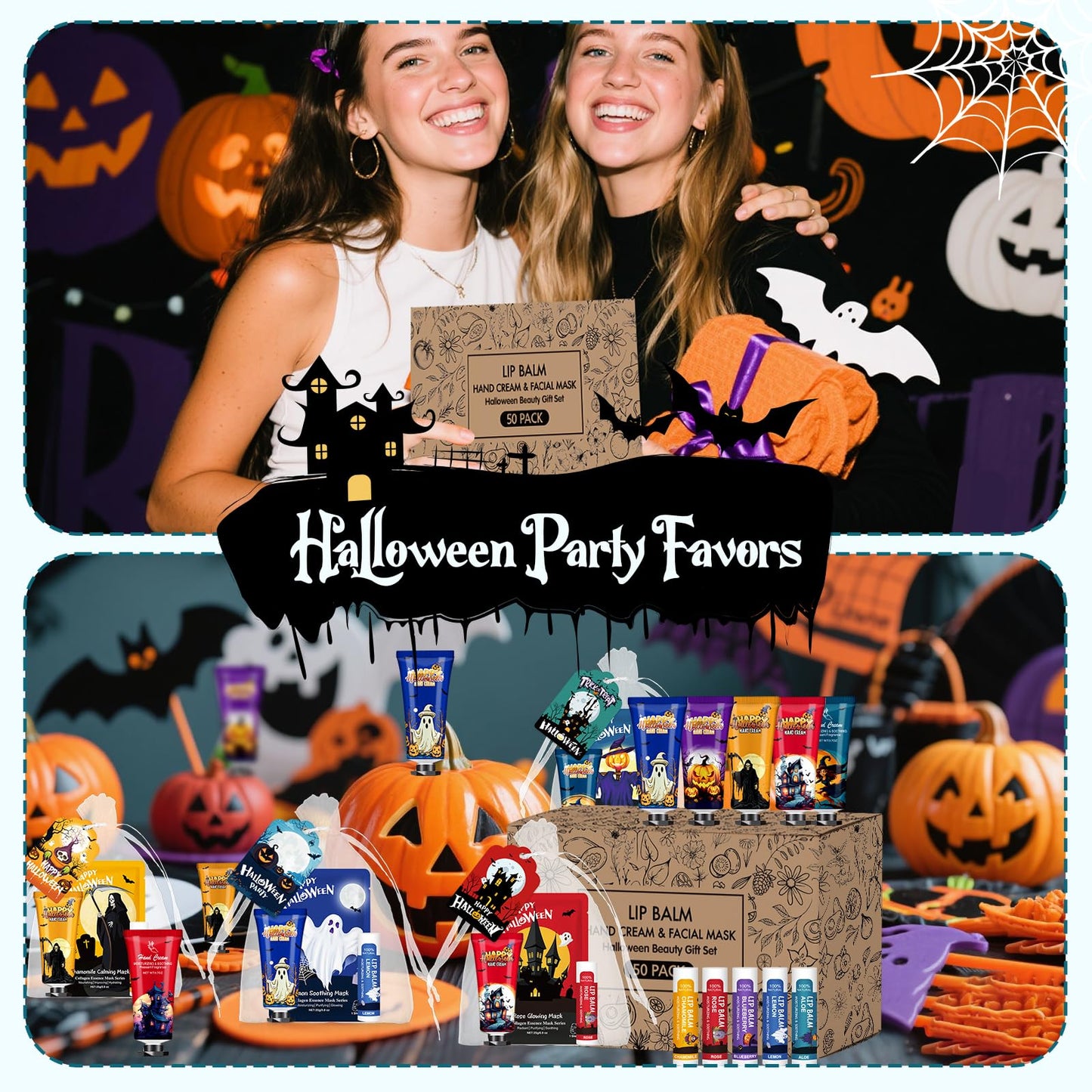 50 Pack Halloween Hand Cream, Facial Mask and Lip Balm Set, Bulk Halloween Gifts for Women, Halloween Decorations, Halloween Party Favors, Halloween Basket Stuffers and Halloween Skincare