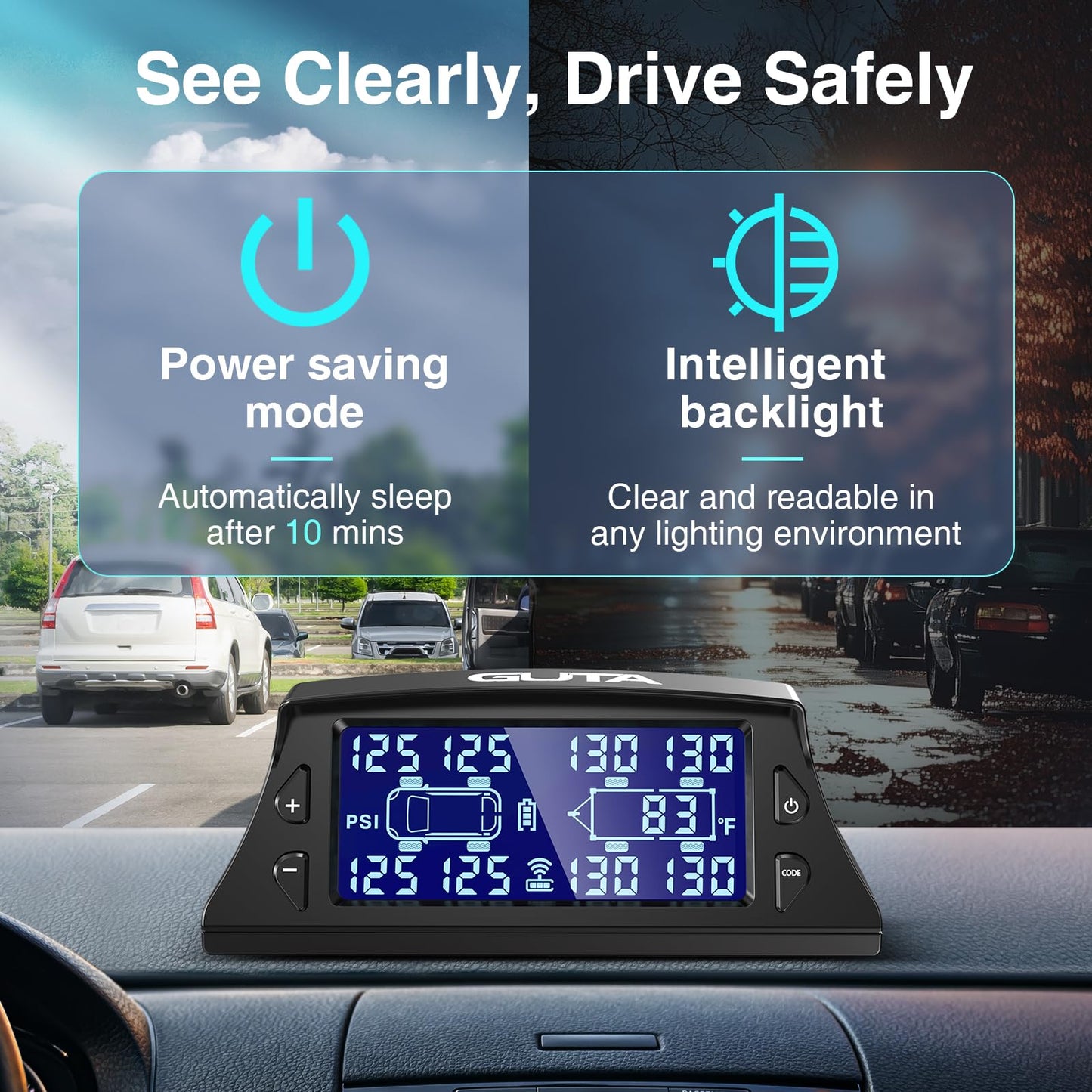 GUTA RV Tire Pressure Monitoring System, RV TPMS with 4 Sensors (0-188 PSI), Solar Charging, 6 Alarm Modes, Auto Sleep Mode, LCD Display, Tire Pressure Monitor System for RV/Trailer/SemiTruck
