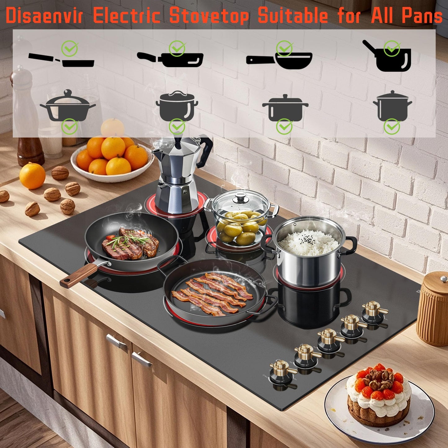 Disaenvir Electric Cooktop 36 Inch - 5 Burner Electric Stove Top with 8400W, 36 Inches Built-in(34.25"x19.3") Ceramic Stove with Dual Rings, Overheat Indicator, Knob Control, 220V - 240V Hard Wired
