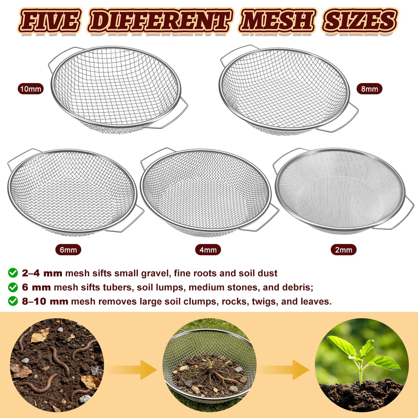 5PCS Soil Sifter, Gardening Soil Sifter with Handle Rock Compost Sifting Screen for 5 Gallon Buckets Garden Metal Sieve Strainer with Shovel 2,4,6,8,10mm Mesh Sizes Remove Stone Fine Gravel Sand Dirt