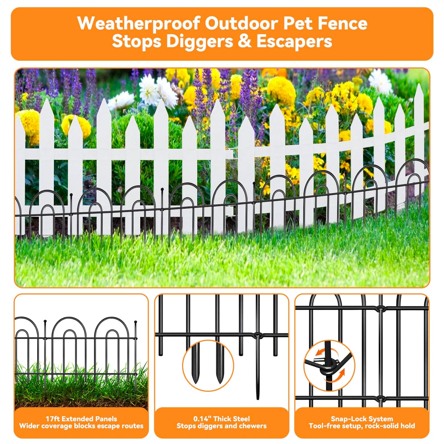 12 Pack Animal Barrier Fence, 17ft(L) x 21in(H) No Dig Garden Fence Panels with Decorative Arch Design for Dogs Rabbits, Rustproof Metal Garden Fencing for Outdoor, Lawn, Patio