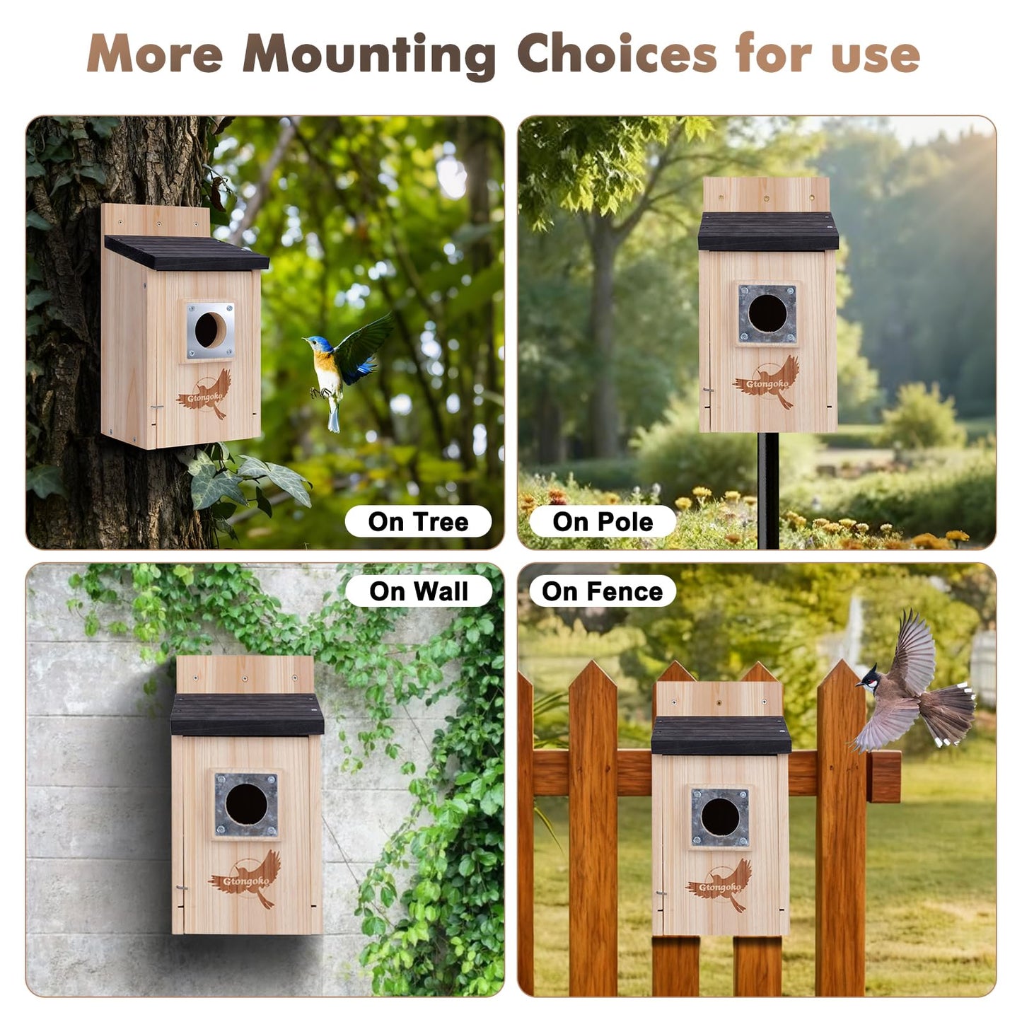 Gtongoko 2 Pack Bird Houses for Outside, Bluebird Nesting Box with Metal Predator Guard, Wooden Birdhouse Kit for Chickadees, Swallows & Finches, Assembly Required