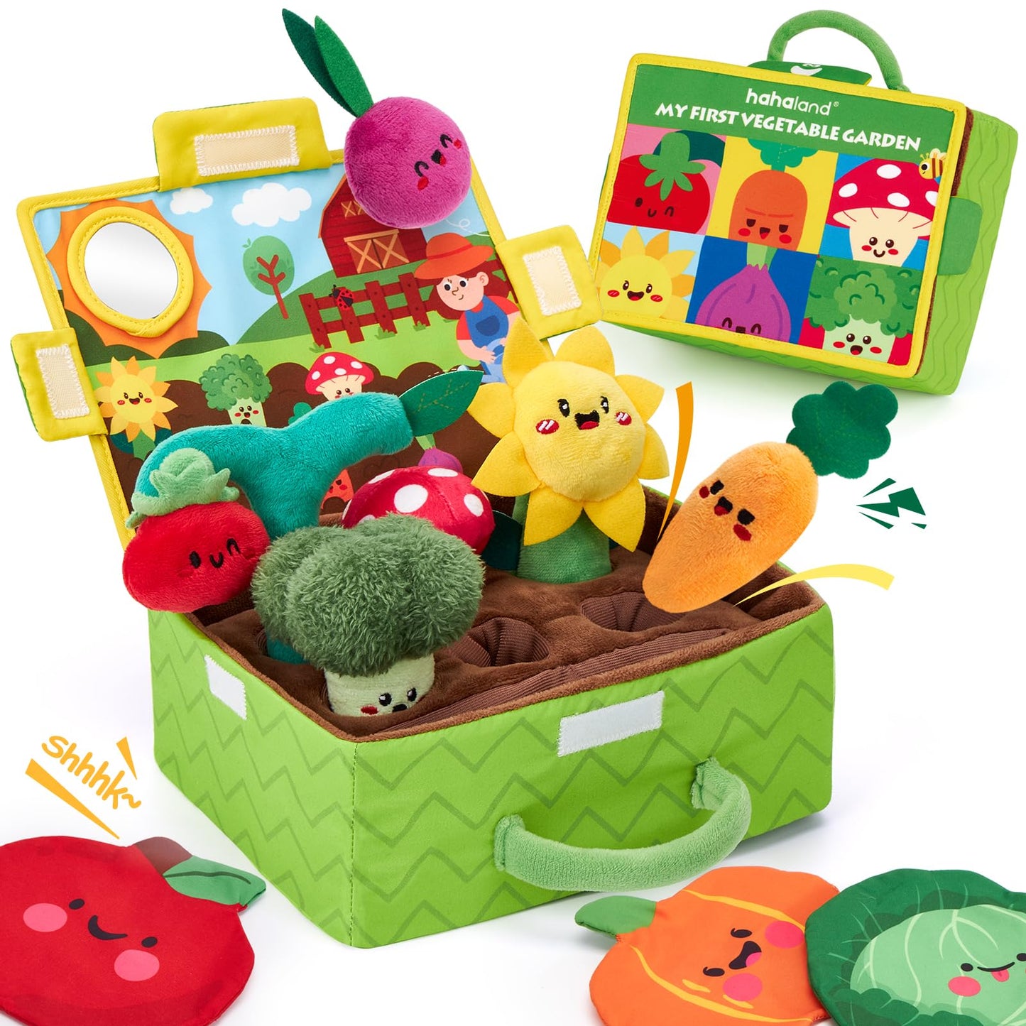 hahaland Baby Sensory Toys 6 Months - Soft Tummy Time Teething Toy and Fruits Vegetables Garden Plant Plush for Babies Gifts