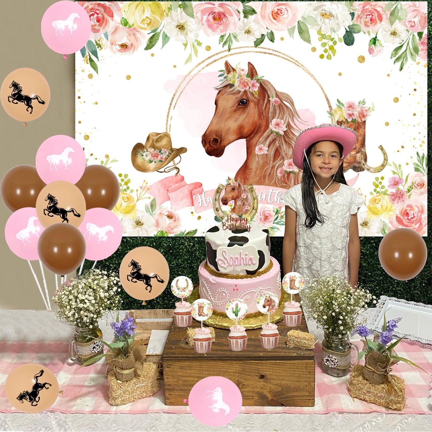 Fangleland Horse Birthday Party Decorations Kit for Girls - Themes Banner & Photo Backdrop, Cake Cupcake toppers, Racing Balloons, Western Cowgirl Happy Supplies