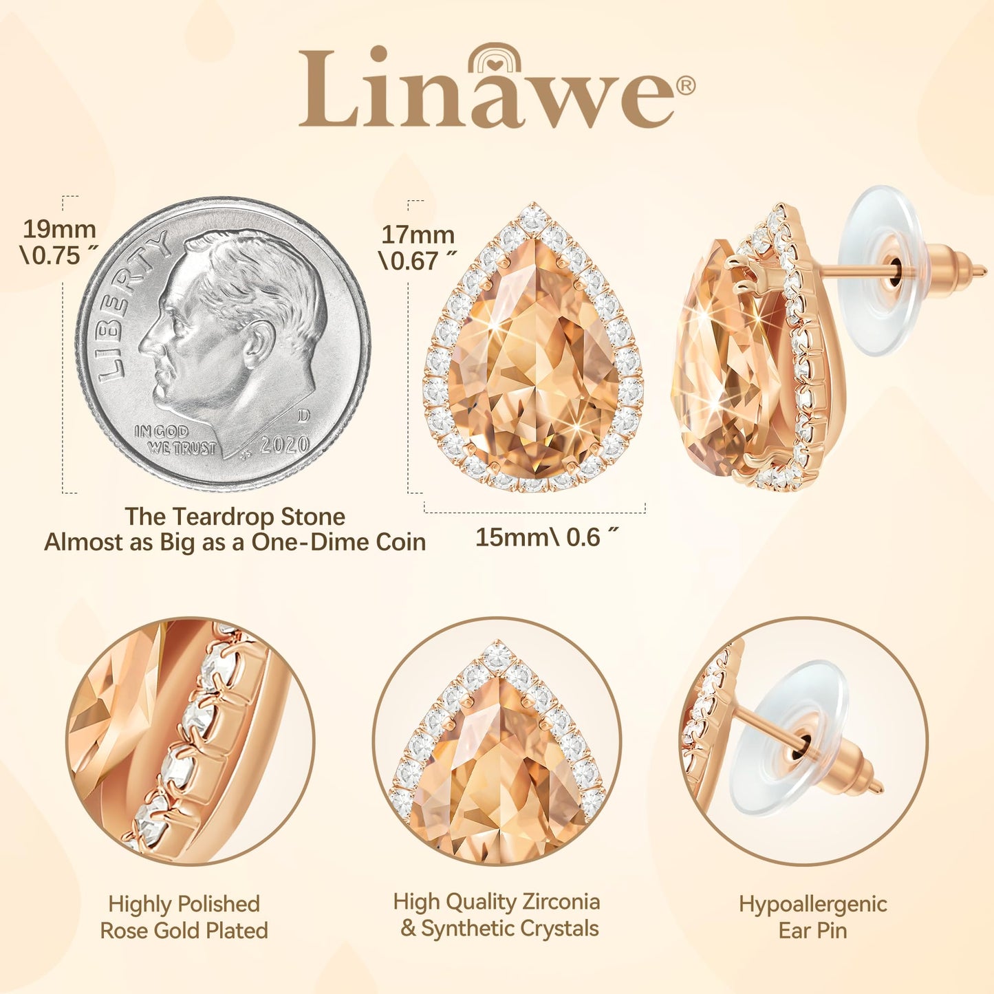 Linawe Rose Gold Color Stud Earrings for Women Trendy, Champagne Orange Rhinestone CZ Cubic Zirconia Birthstone Tear Drop Gem Stone Earrings Stud, Pear Shaped Birthstone Costume Jewelry