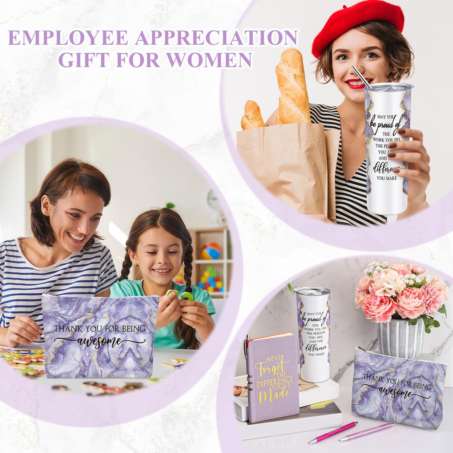 Domensi 6 Pcs Employee Appreciation Gift Set for Women Female Thank You Gift May You Be Proud 20 oz Rustic Marble Sign Tumbler Makeup Bag Journal for Nurse Lady Work Business(Purple)