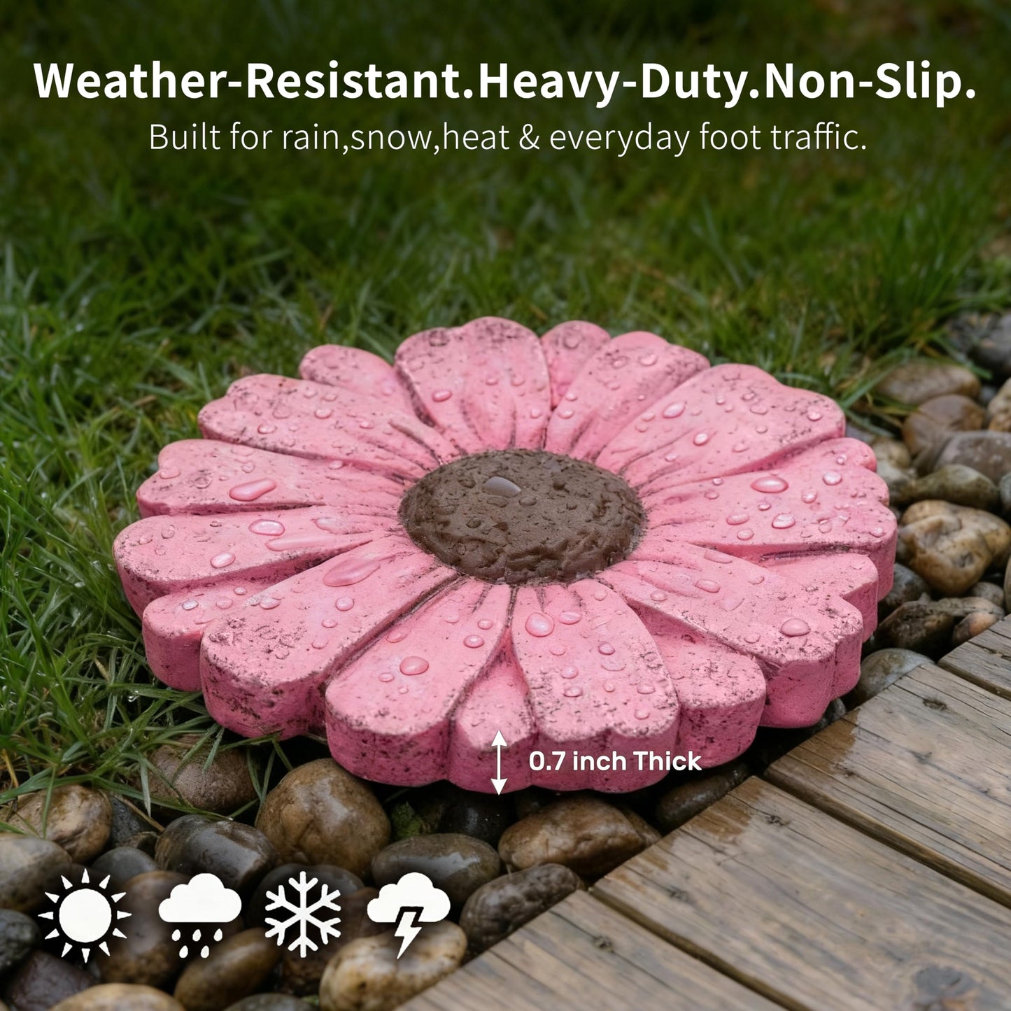 Landoraloria Cement Flower Stepping Stone 10” Daisy Garden Path Stone for Yard & Walkway Handcrafted Non-Slip Outdoor Patio Decor Weather-Resistant Cement Stone (Pink)