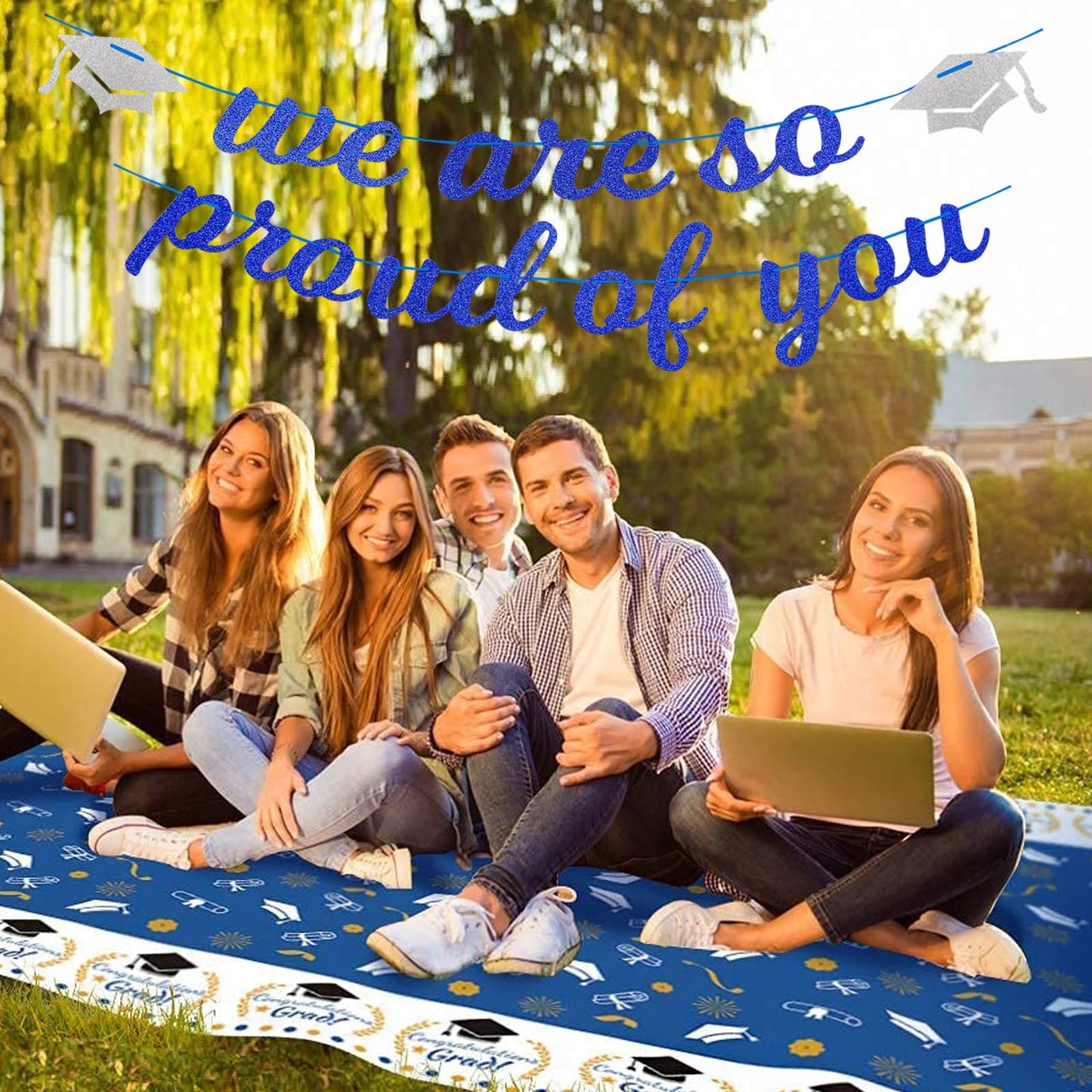 Navy-Blue White-Silver Party-Decoration Graduation Banner - 8pcs Kits Cap Garland Streamers, Paper Tissue Pom Poms Flowers,We are So Proud of You Congratulations Grad 2026 Decor Lasting Surprise