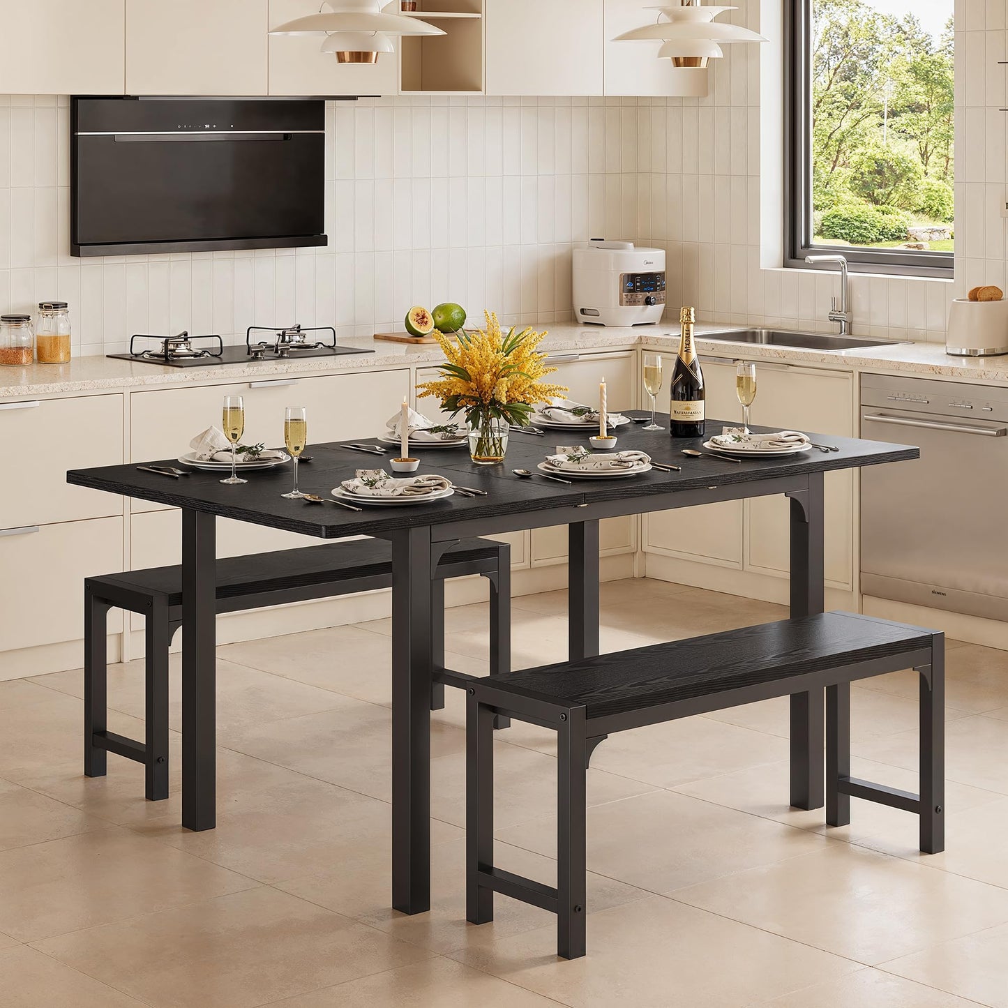 Ahomly 63“ Large Extendable Dining Table Set for 4-6 with 180° Smart-Flip Pivot, Kitchen Table Set with Bench, Dining Room Table with Metal Frame & MDF Board, Perfect for Small Space, Black