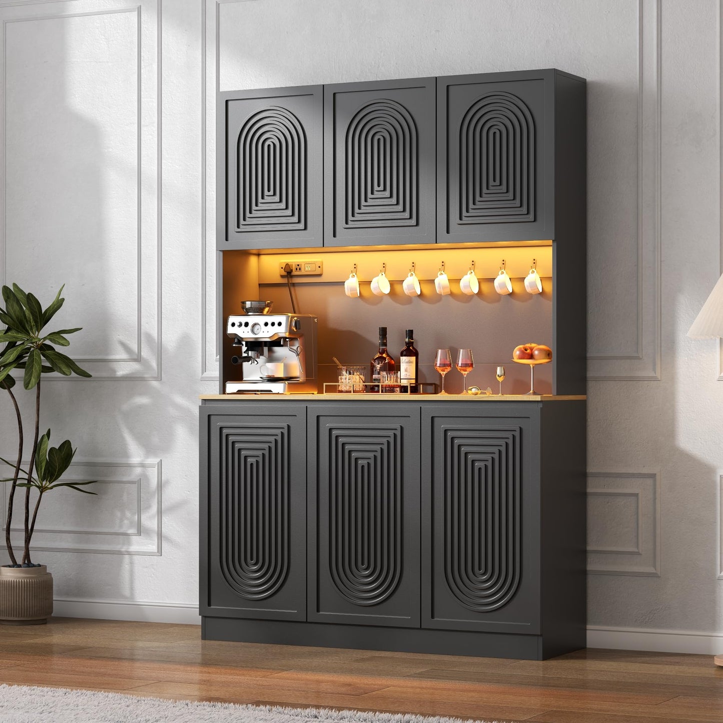 71" Black Kitchen Pantry with Power Outlet & LED Light, Large Kitchen Hutch Cabinet with Adjustable Shelf, Modern Buffet Cabinet with 6 Doors, Food Pantry Storage for Dining Room (Black 6 Doors)