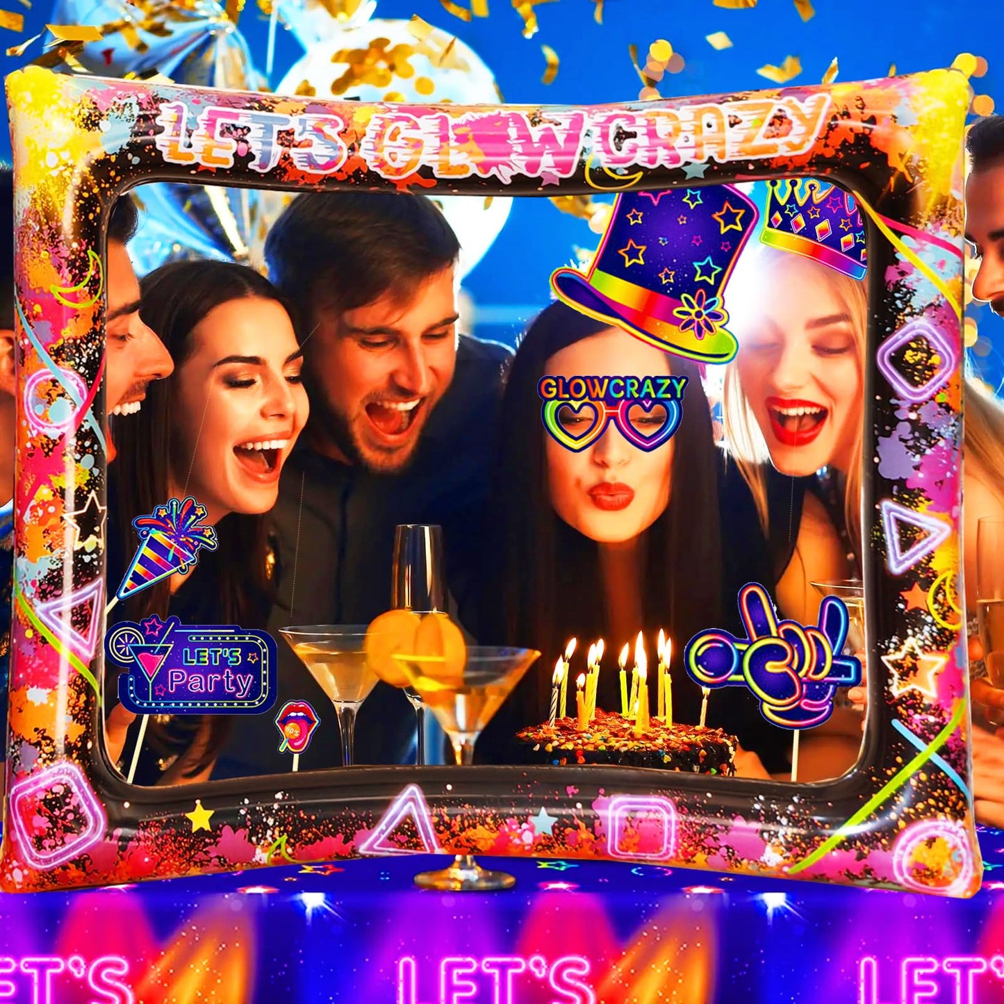 LMSHOWOWO 30PCS Neon Photo Booth Props, Glow Inflatable Photo Booth Frame, Funny Selfie Props for Neon Party Accessories Let's Glow in The Dark Birthday Party Wedding Carnival