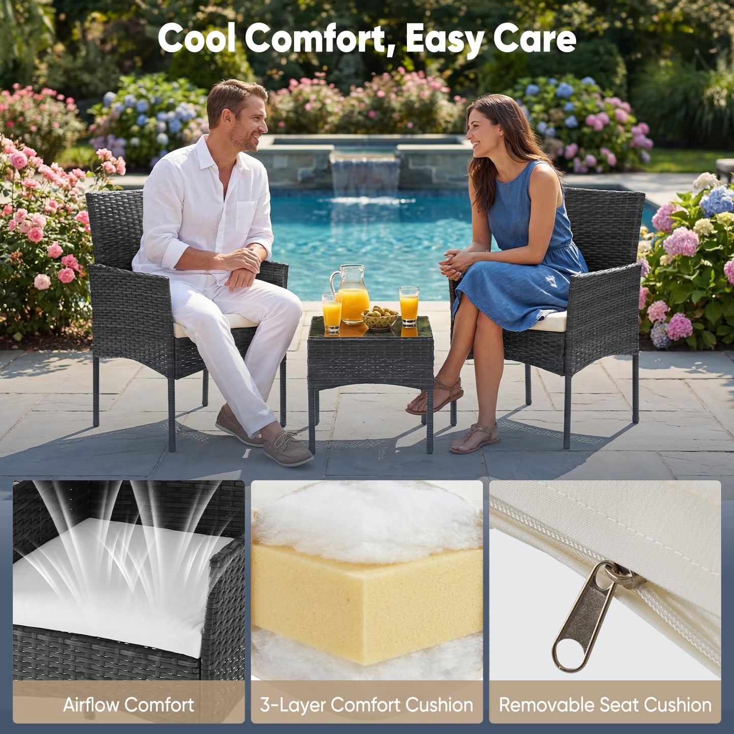 DUMOS 3-Piece Patio Furniture Set, All-Weather Outdoor Wicker Chairs with Removable Cushions & Tempered Glass Table, Small Bistro Set for Porch, Balcony, Lawn, Backyard, Black
