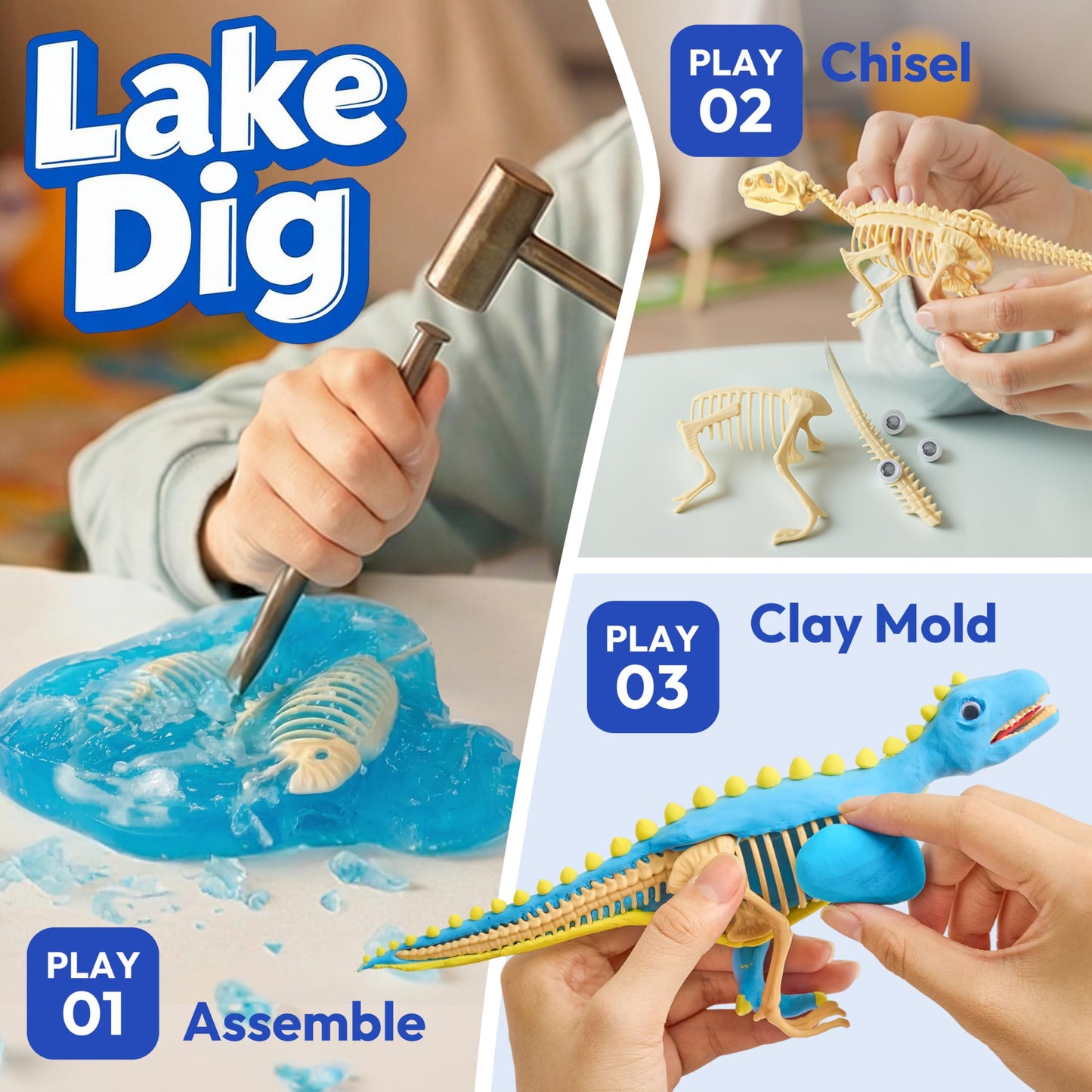 JOVA Klever Kits 3-in-1 Dinosaur Fossil Digging Kit STEM Learning Toys with Glow in The Dark Dinosaurs and Sensory Play Sand, DIY Your Own Dinosaur with 5 Color Clay, Gift for Kids Aged 6+