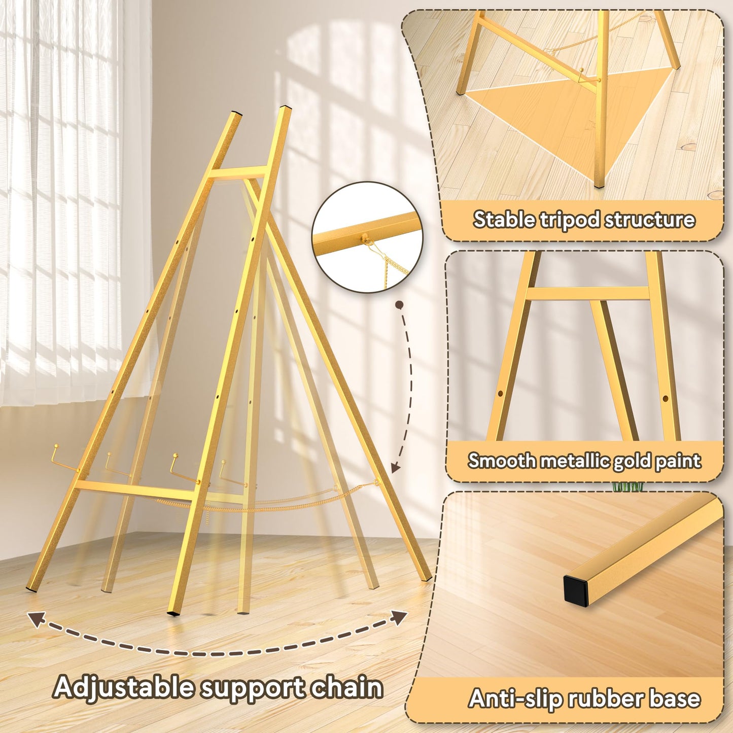 Gold Metal Easel Stand for Sign,Heavy Duty Art Easel with Adjustable Chain,Tripod Structure,4-Level Height—Easels for Wedding Welcome Sign Holder,Baby Shower Poster,Birthday Party,Posters