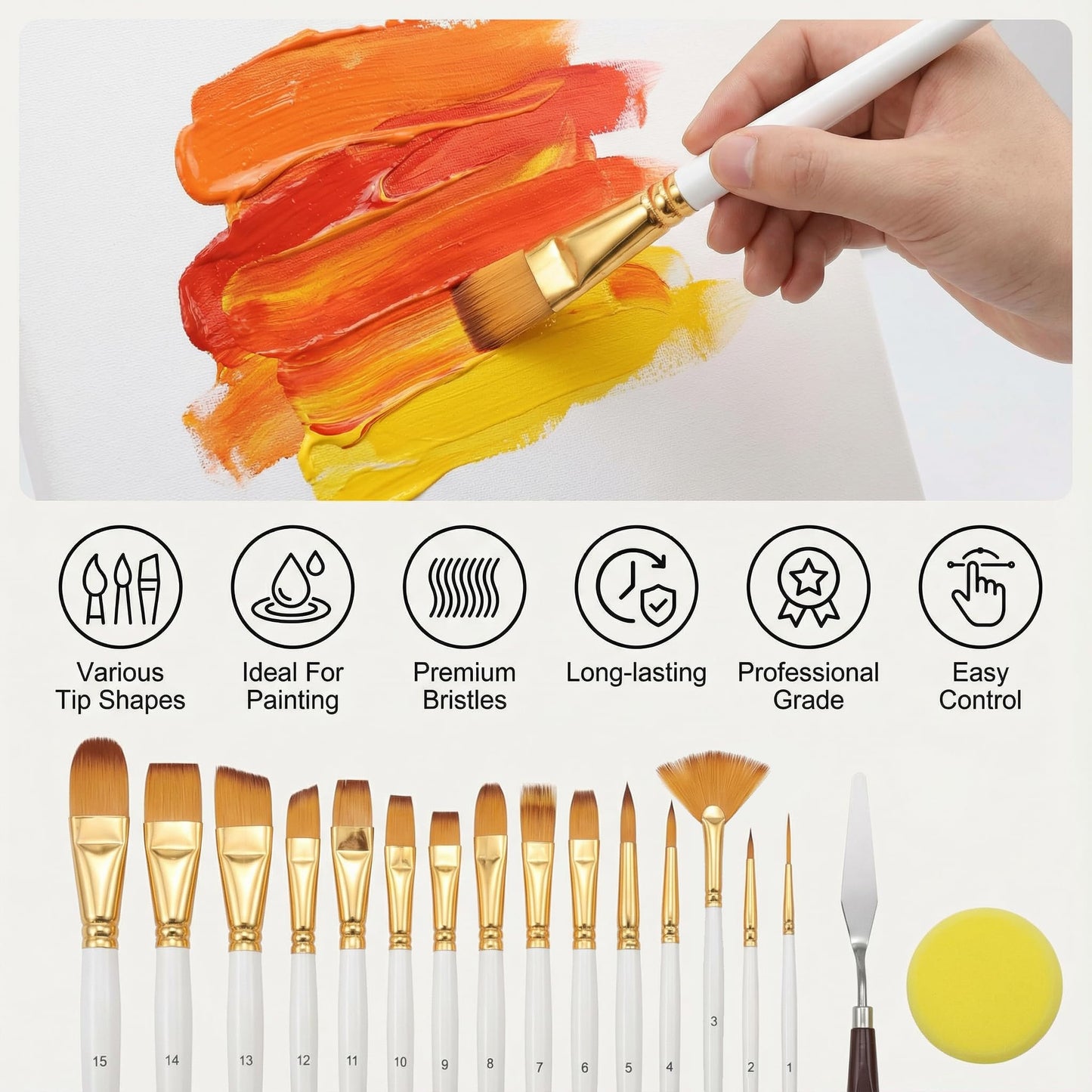 JYN-ANREN 17Pcs Paint Brush Set with Palette Knife & Sponge, Standing Storage Case as Brush Holder, Professional Artist Brushes for Acrylic, Oil, Watercolor