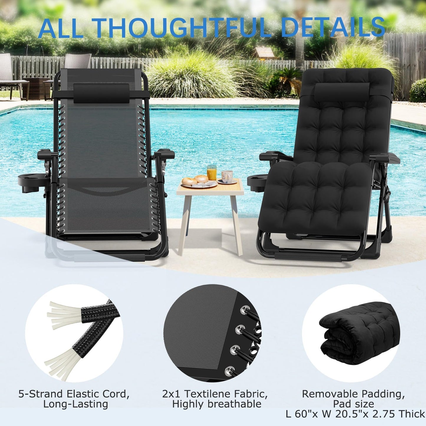 Slendor Zero Gravity Chair, Zero Gravity Lounge Chair with Upgraded Lock and Removable Cushion, Reclining Camping Chair with Cup Holder, Folding Recliner for Indoor and Outdoor, Black