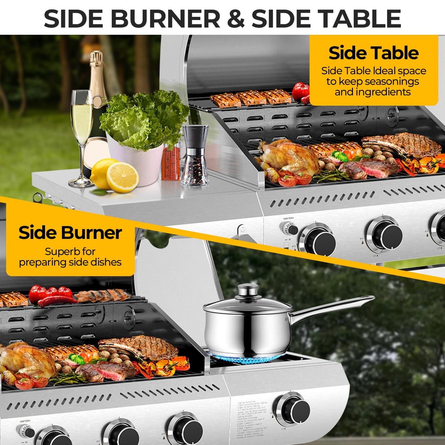 34,000 BTU 3-Burner Propane Gas Grill with Side Burner, All Stainless Steel BBQ Grill, Cast Iron Grates & Portable Cart with Wheels，Outdoor Barbecue Grill for Backyard, Patio, Camping