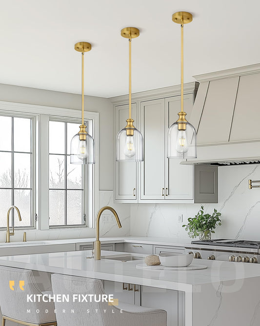 Autelo Gold Pendant Lights, 1-Light Pendant Lights Kitchen Island in Brushed Gold Finish with Clear Cylinder Glass, Vintage Pendant Light Fixtures, Vintage Hanging Lights for Kitchen Island H2511 CLBG