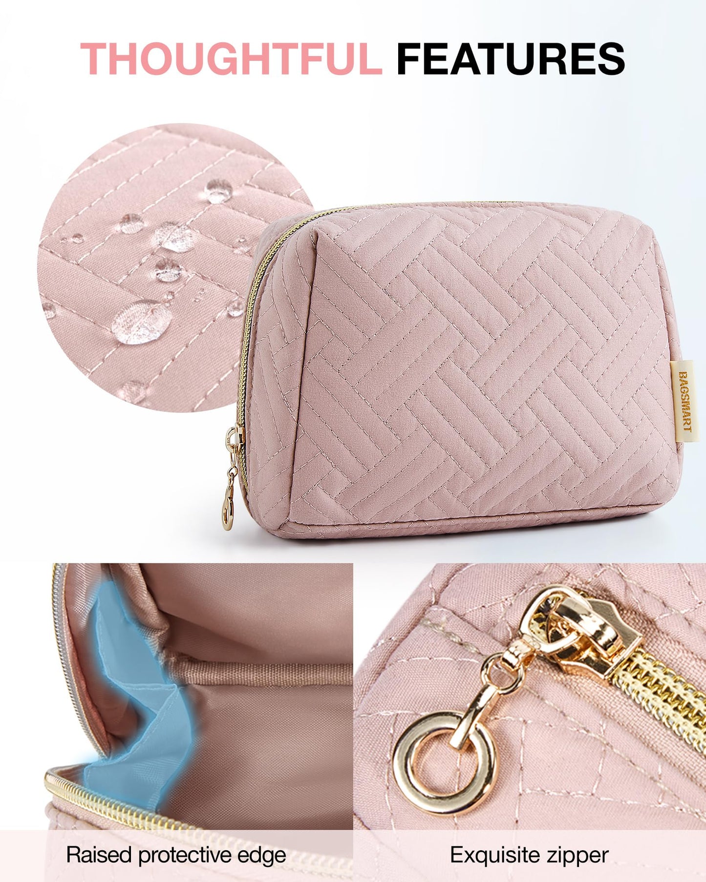 BAGSMART Small Makeup Bag, Travel Cosmetic Bag Make Up Pouch Small Travel Essentials for Women Dorm Room Essentials Pouch,Water-resistant Toiletry Bag,Makeup Organizer Bag,Pink