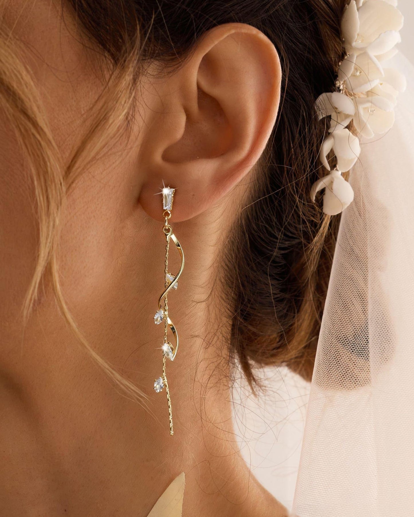 Asdecy Dangle Earrings for Women 14K Gold Plated Drop Long Dangle Cubic Zirconia Elegant Prom Bridal Bridesmaid Wedding Anniversary Dangling Trendy Jewelry