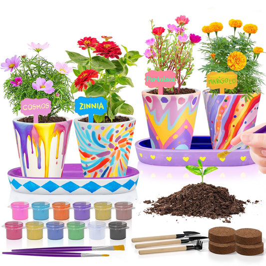 4 Set Paint & Plant Flower Gardening Kit - Gifts for Girls Ages 8-12, Arts and Crafts for Kids Ages 8-12, Kids Gardening Set, Birthday Toys Gifts for Girls Boys Ages 4 5 6 7 8 9 10 11 12