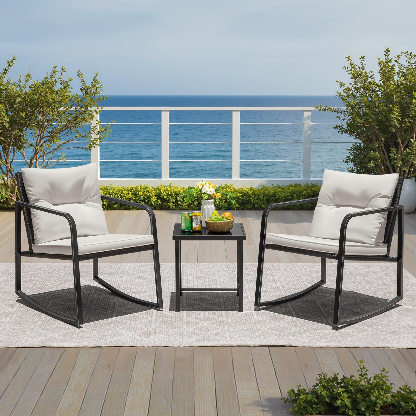 Greesum 3 Pieces Rocking Wicker Bistro Set, Patio Outdoor Furniture Conversation Sets with Porch Chairs and Glass Coffee Table, Beige