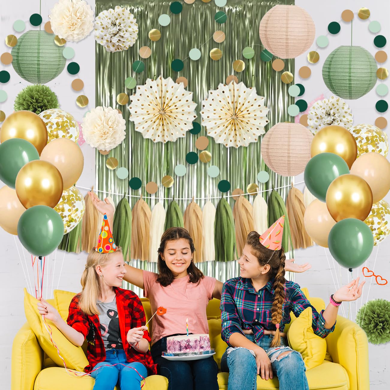 Sage Green Party Decorations Birthday Party Decorations Bridal Shower Balloons Paper Pompoms Fringe Curtain for Birthday Baby Shower Bridal Shower Supplies