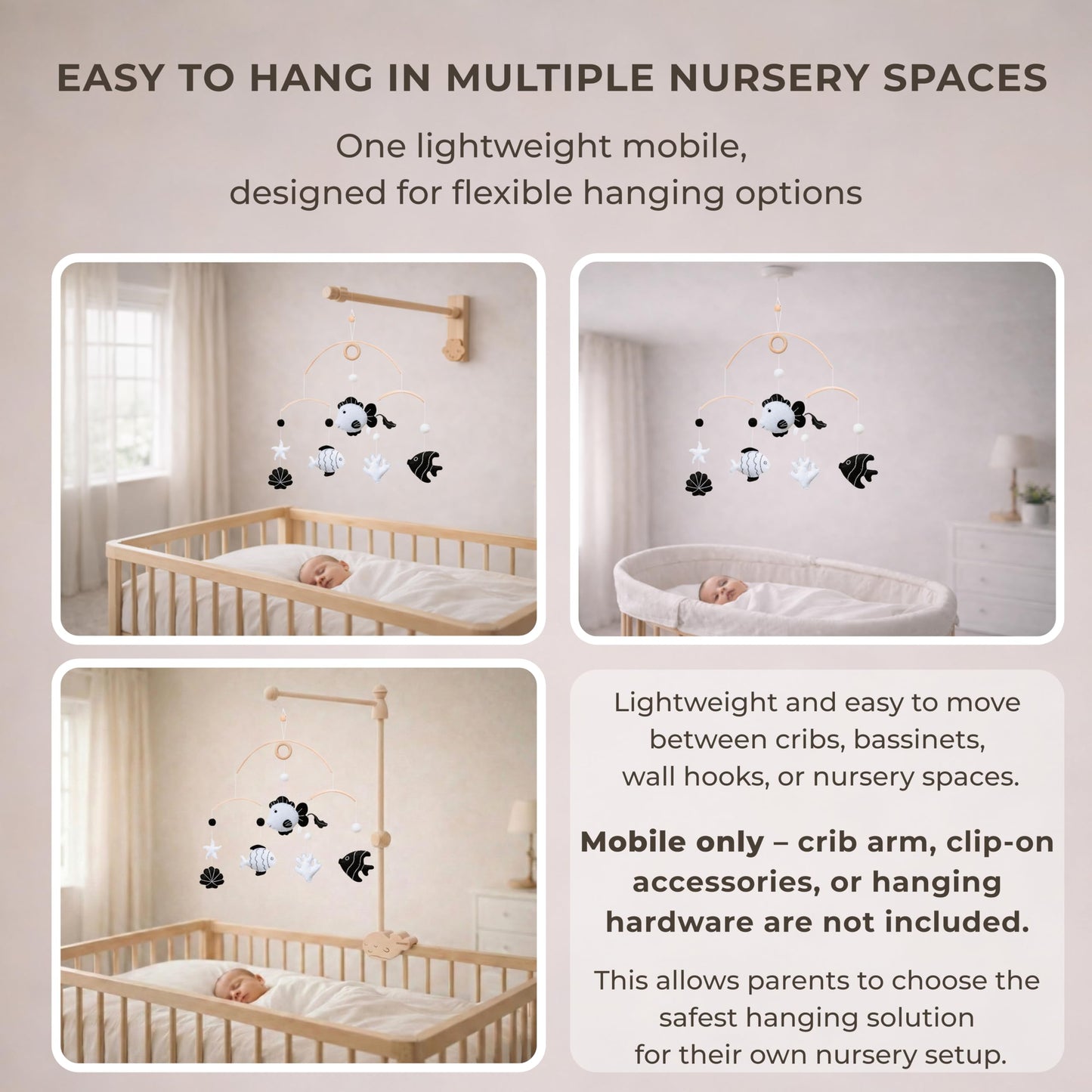High-Contrast Black & White Decor for Newborn Baby Nursery Room – Fish Crib Mobile, Handmade for Boy & Girl, Safe Natural Wood & Fabric, Plastic-Free, Baby Shower Gift Ready