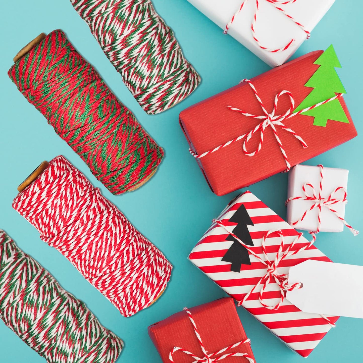 Doumeny 6 Rolls Christmas Cotton Twine 984 Feet Xmas Bakers Cotton String Rope Red Green White Gift Wrapping Cord Natural Jute Ribbon Twine for Holiday Packing Baking Butchers DIY Handmade Arts Crafts