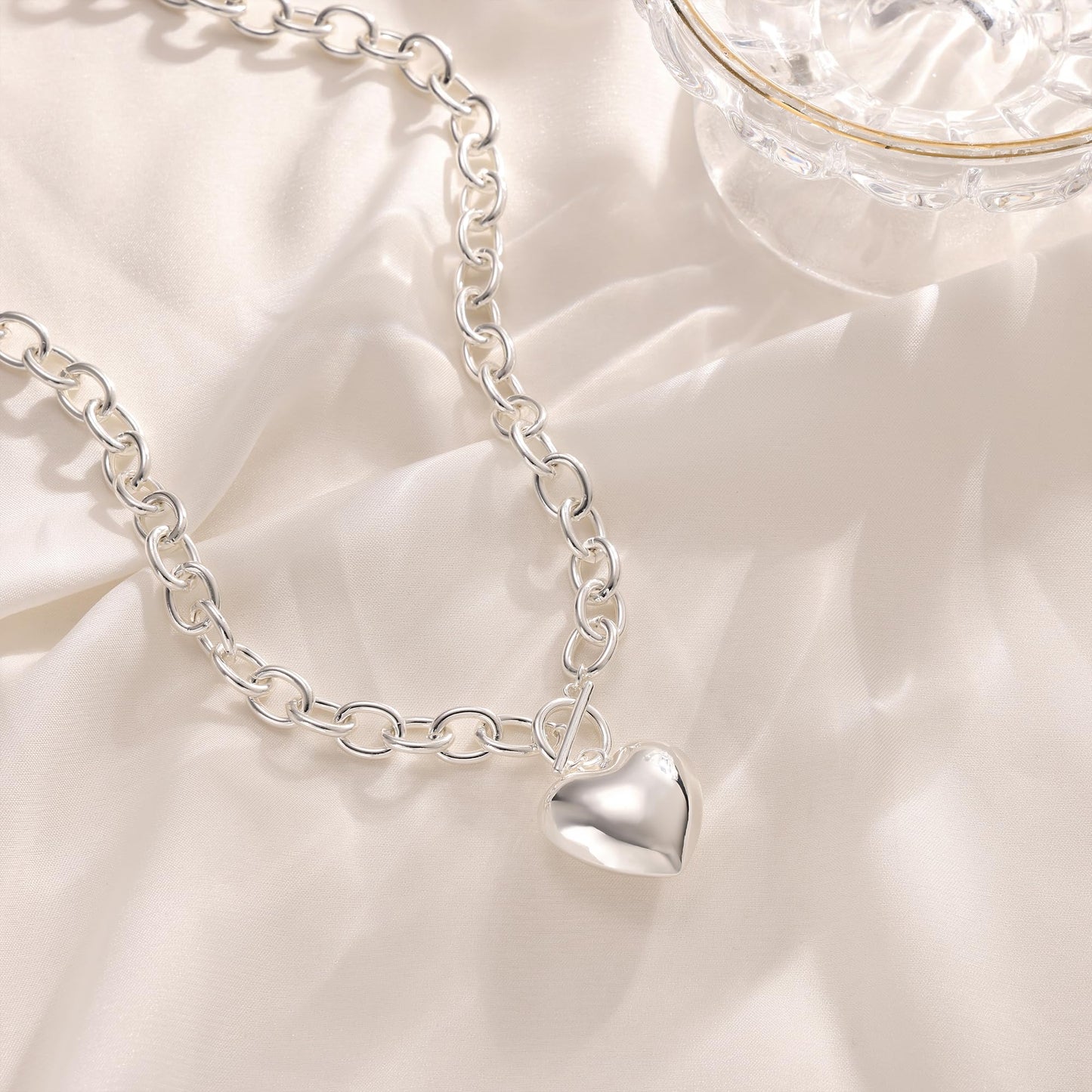 Freekiss Toggle Necklaces for Women with Heart: Chunky 925 Sterling Silver Choker Lover Pendant Necklace for Women Trendy Dainty Hypoallergenic Paperclip Necklace Womens Jewelry Gifts