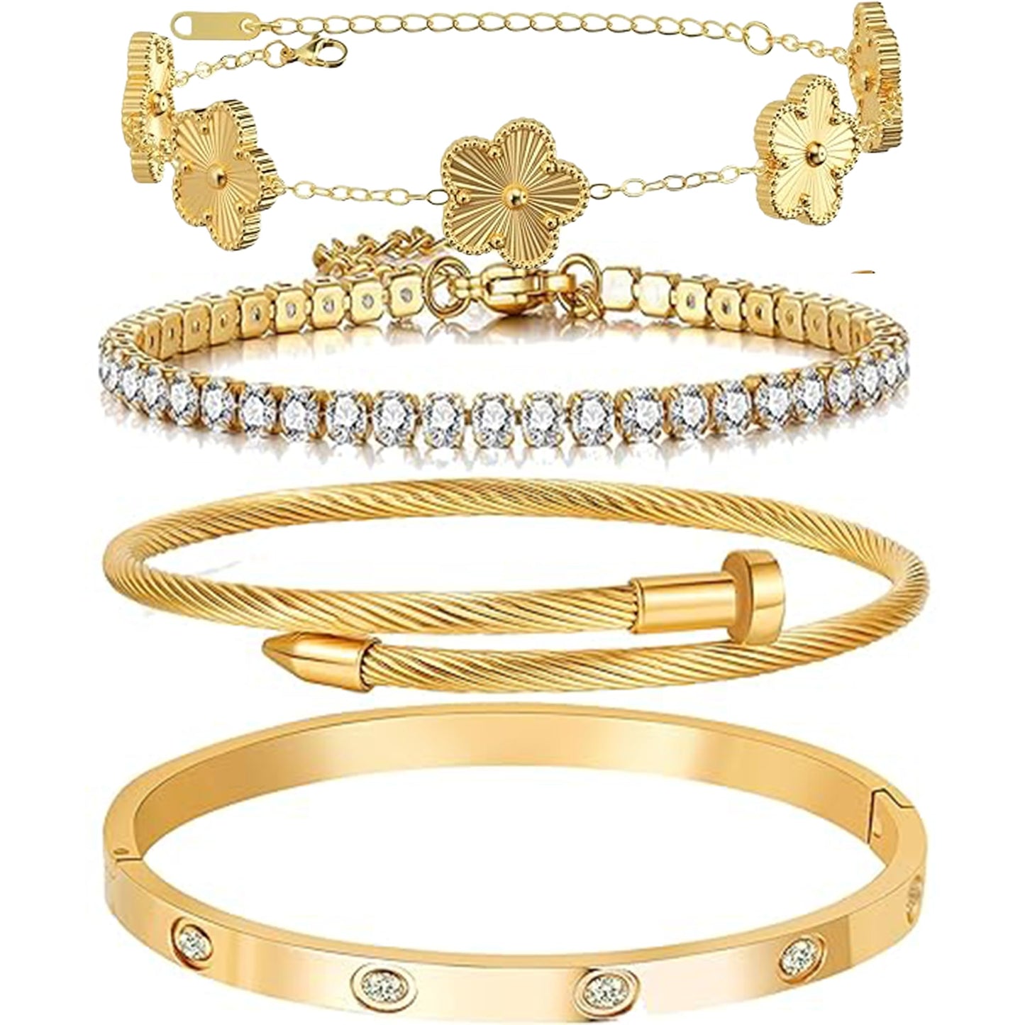 Lamdo 18K Gold Plated Womens Stackable Floral Gold Clover Bracelets Set Love Bangle Bracelets Non Tarnish, Nail Bracelet Set Trendy Jewelry,Gifts for Women's Day and Mother's Day (Gold, One Size)