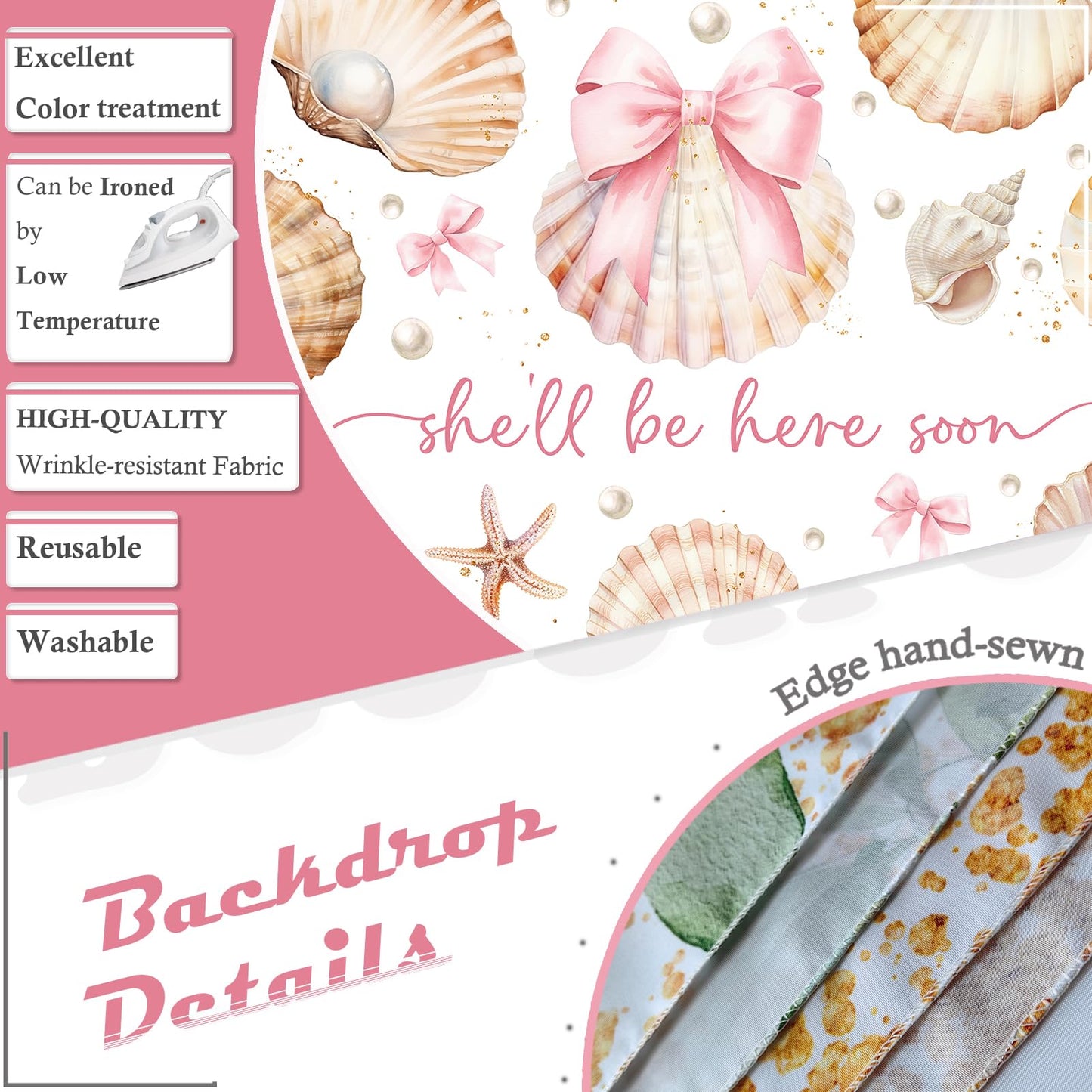 Bcuuipo Shell Themed Baby Shower Backdrop She'll Be Here Soon Pink Bowknot Pearl Seashell Photography Background for Girls Newborn Baby Shower Party Decoration Supplies Banner Photo Booth Props 7x5ft