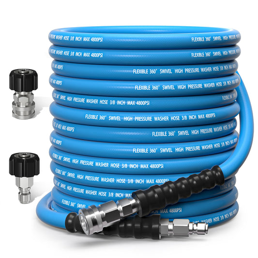 TUTULUCK 3/8" Pressure Washer Hose 100ft – 4800 PSI Commercial-Grade Steel Braided Heavy Duty Power Washer Hose for Hot & Cold Water, with 2 M22 14mm Adapters