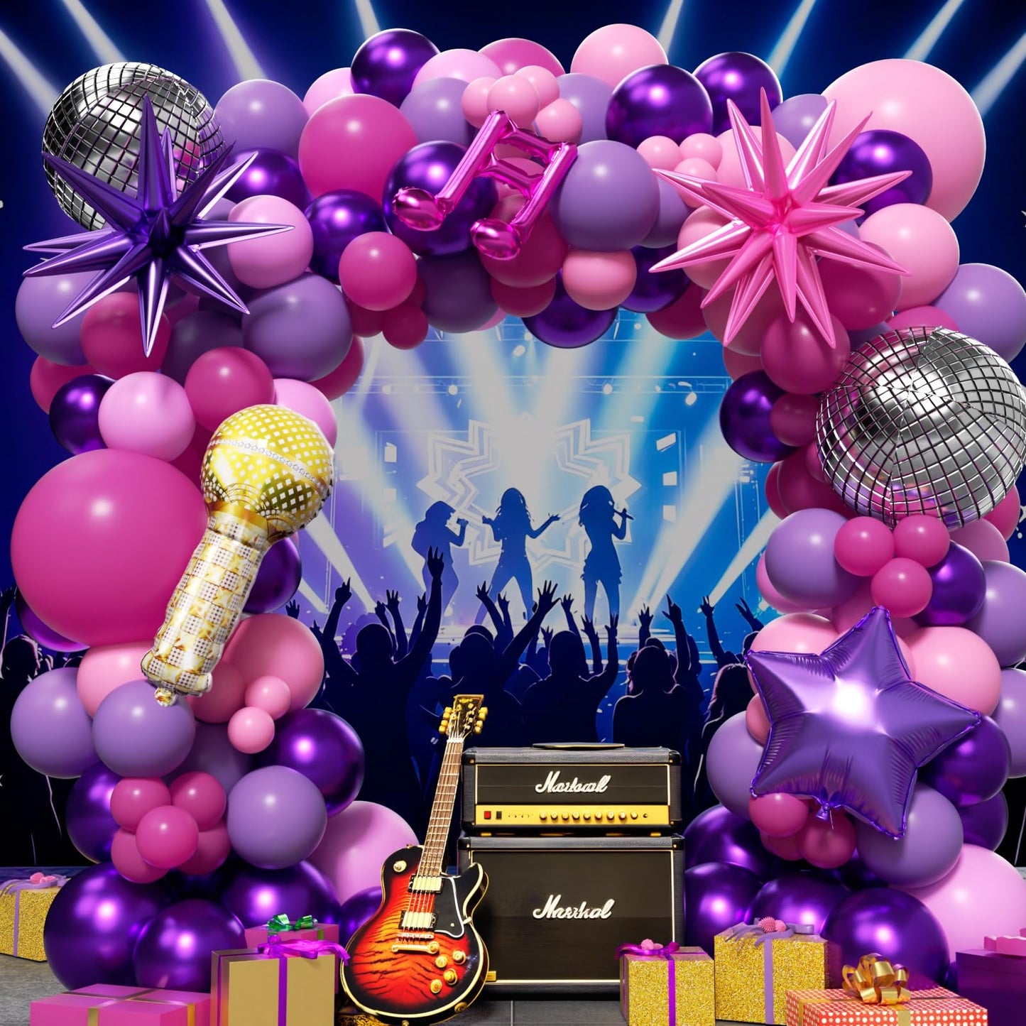PTGOLUO K-Pop Music themed Birthday Decorations 160Pcs, Hot Pink Metallic Purple Balloon Garland Arch Kit with Disco Notes Star Foil Balloons for Girls Fans Birthday Grad Prom Princess Party Decor
