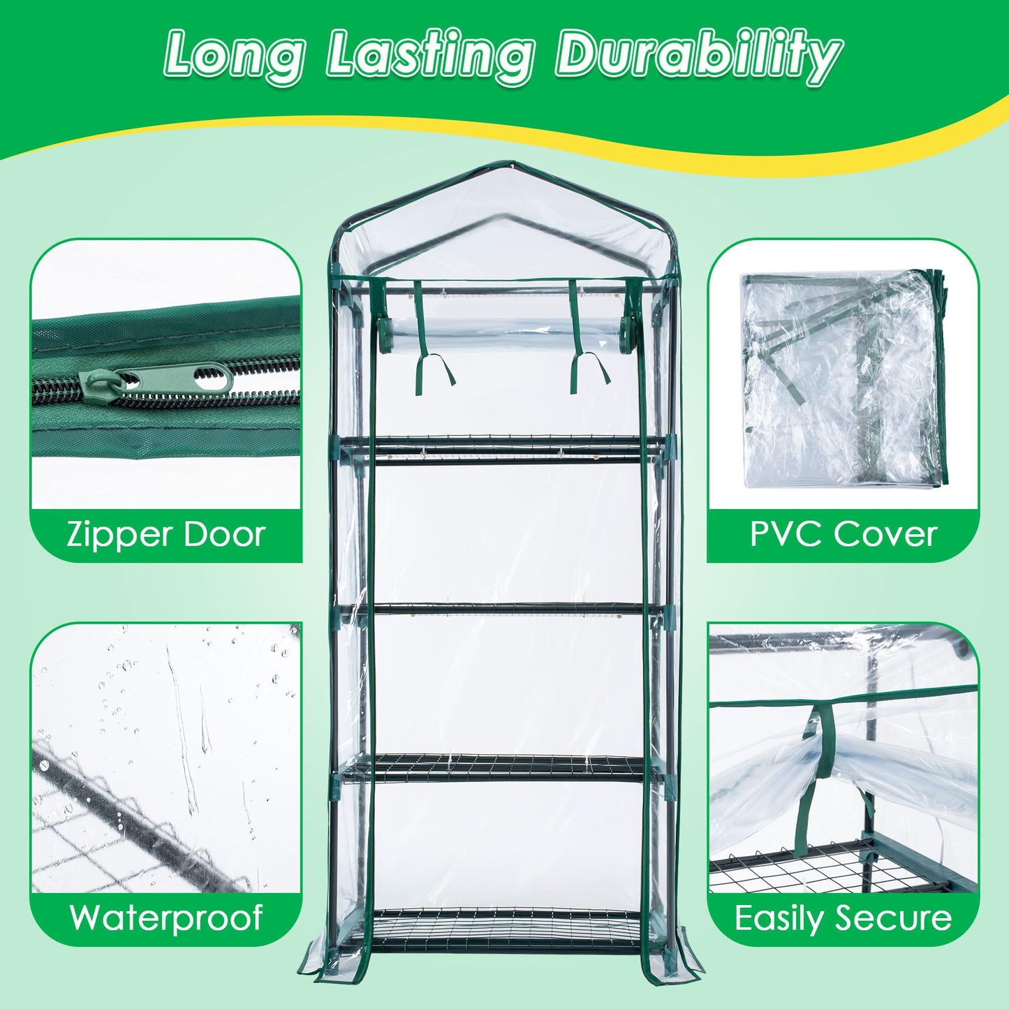 Meonum Indoor Greenhouse with LED Grow Lights, 4 Tier Mini Greenhouse with Roll-Up Zipper PVC Waterproof Cover and Trays, Dimmable Plant Grow Light for Indoor Plant with Timer, 27 L X 19 W X 63 H