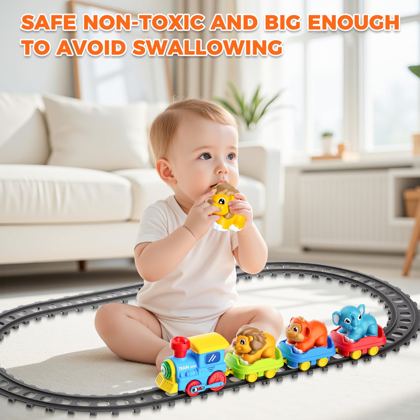 Train Set for Toddlers w/Steam, Music & Lights - Electric Train Toy for Kids with Tracks Accessories, Includes 3 Animals Car: Lion Gorilla and Elephant, Gifts for 1-3 4 5 6+ Years Old Boys Girls