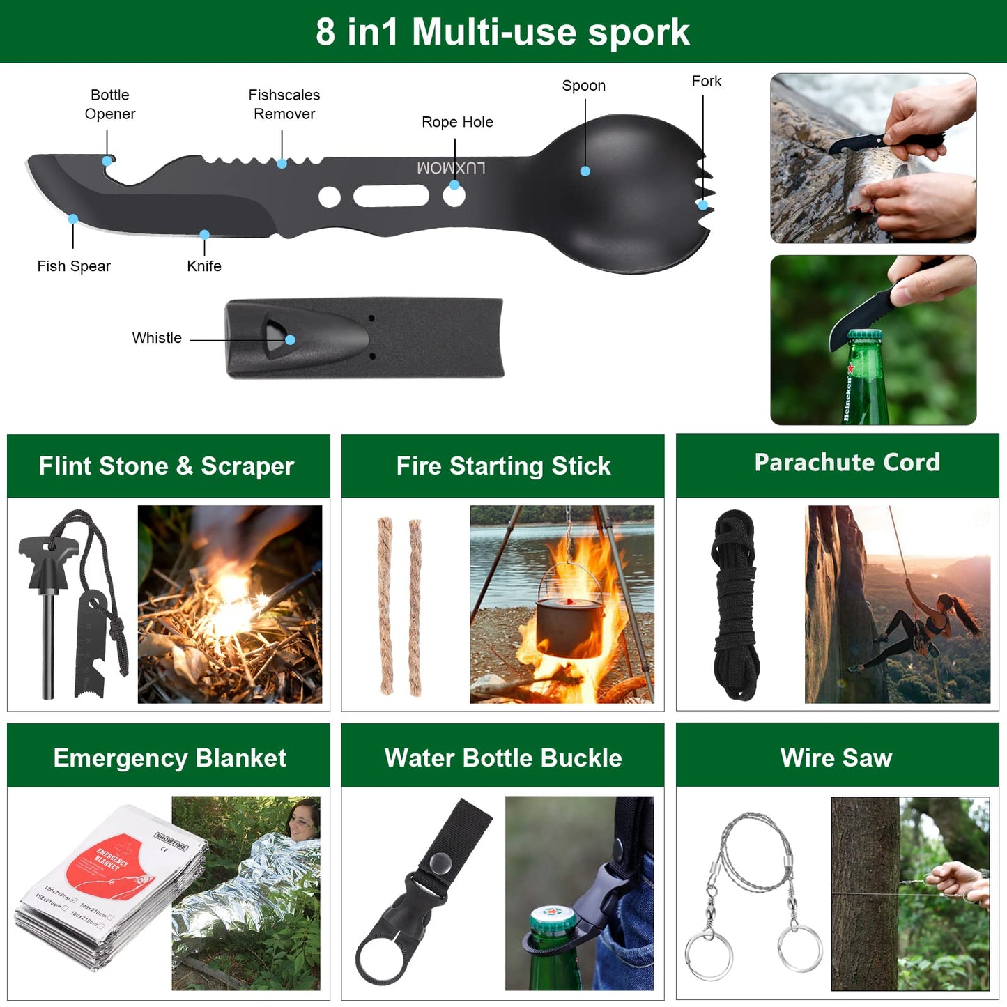 Emergency Survival Kit First Aid Kit, 121Pcs Tactical Gear Camping Gear Emergency Supplies with MOLLE Pouch, Stocking Stuffers for Men Camping Hiking Hunting Outdoor Adventure