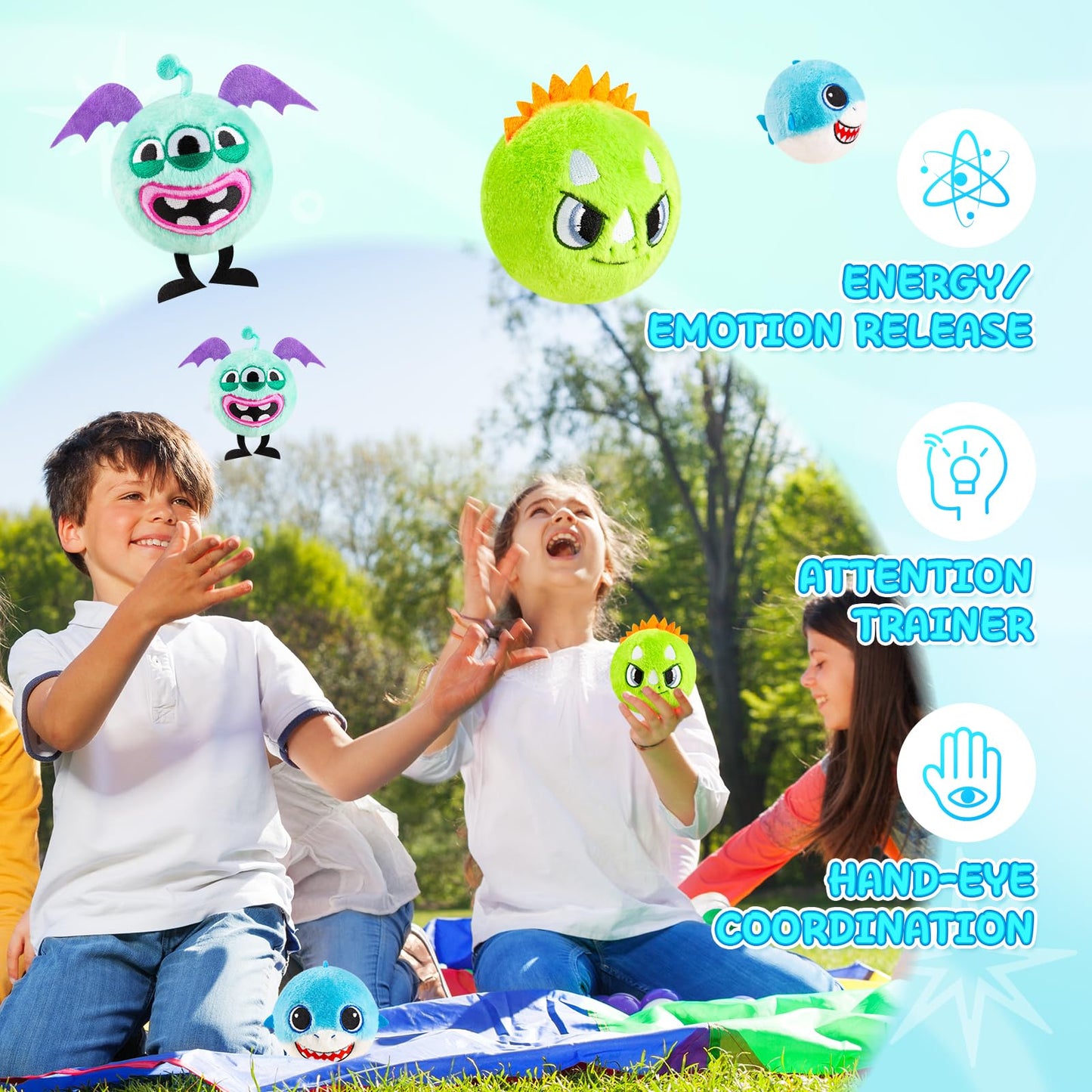 ZOOJOY 3 Pcs Plush Bouncy Balls for Toddlers 1-3, 3-Inch High Bounce Sensory Toys Featuring Dinosaur, Shark & Monster, Soft Game Balls Gift for Boys 6 Months+, Indoor & Outdoor Play