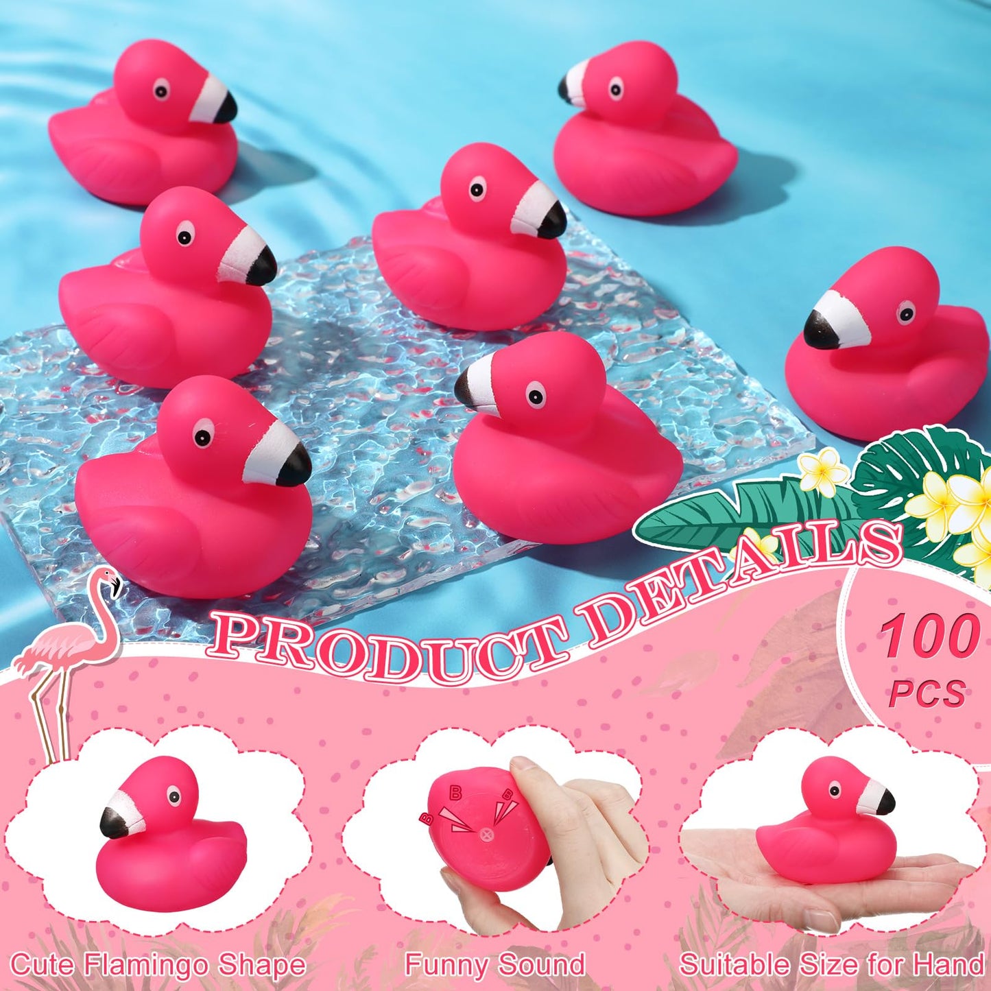 Honoson 50 Pcs Flamingo Rubber Duckies Bulk Pink Flamingos Party Favors Bath Toy Pool Floating Squeak Rubber Ducks for Birthday Party Decoration Baby Shower Cake Decoration Classroom Prizes