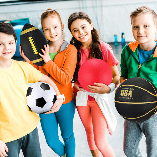 Deekin 4 Pcs Sport Balls Set for Kids Teens, Include Official Size Basketball Soccer Football Playground Ball and Pump Sports Equipment Bag Sports Gift(Classic Color)