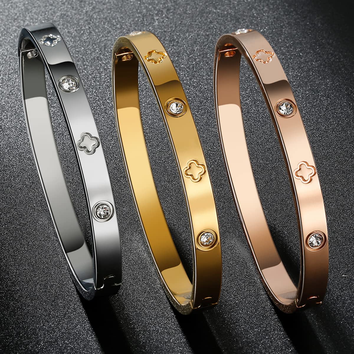 RIMRIVA 18K Gold-plated Bangle Bracelets for Women Love Gifts Clover Bracelet Stainless Steel Crystal Jewelry Birthday Her Anniversary Wedding Christmas Gifts Mom Wife Girlfriend Friends