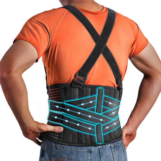 QIBODA Plus Size 4XL/5XL Work Back Brace with 2 Removable Suspender Straps, Back Posture Corrector for Heavy Lifting Safety Protector, Back Support Belt for Men Women in Construction, Warehouse Jobs