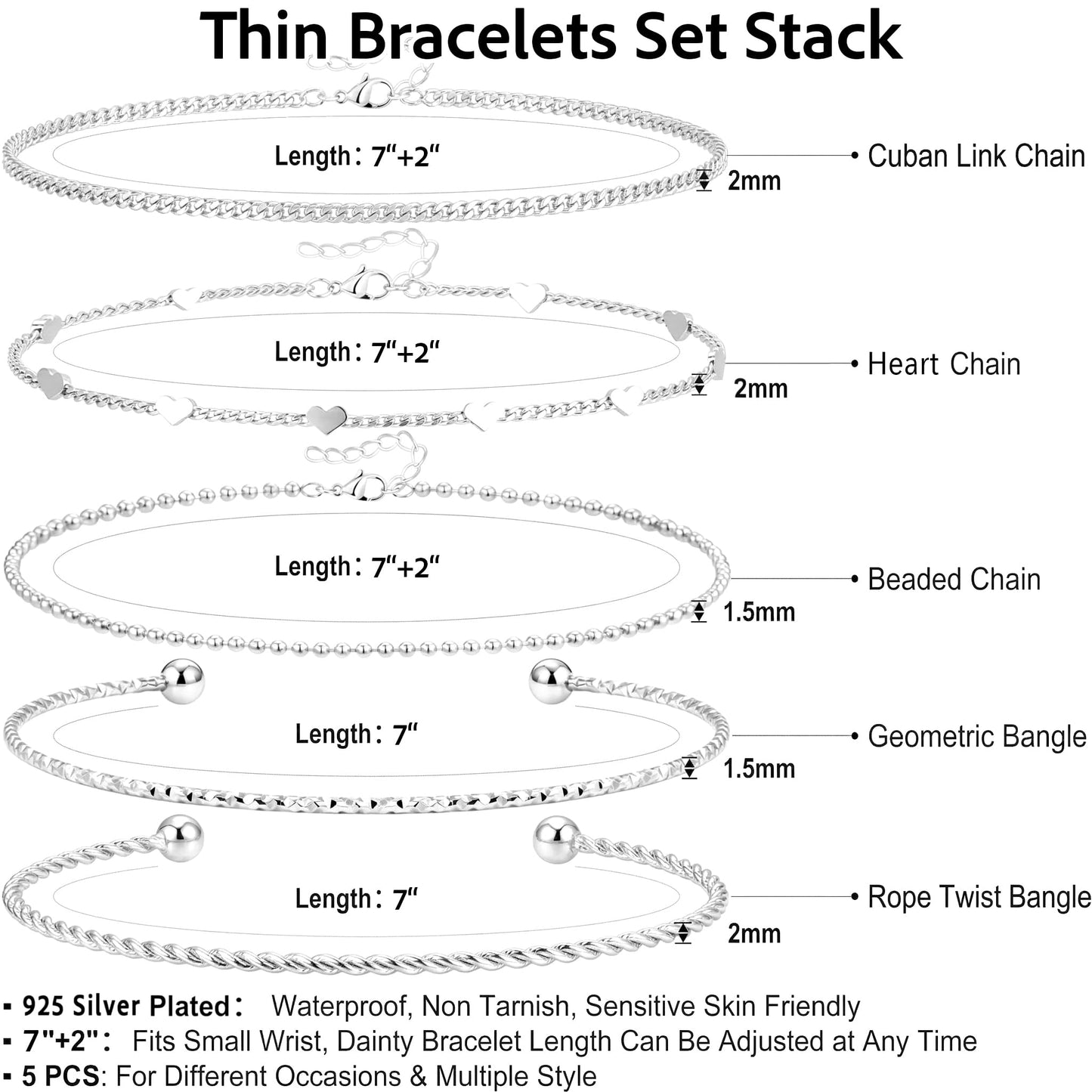 Dainty Silver Bracelets Set for Women Stackable, Sterling Silver Plated Stainless Steel Thin Layered Bracelets, Fashion Waterproof Fashion Waterproof Link Chain Bracelets Non Tarnish for Women Mom Wife