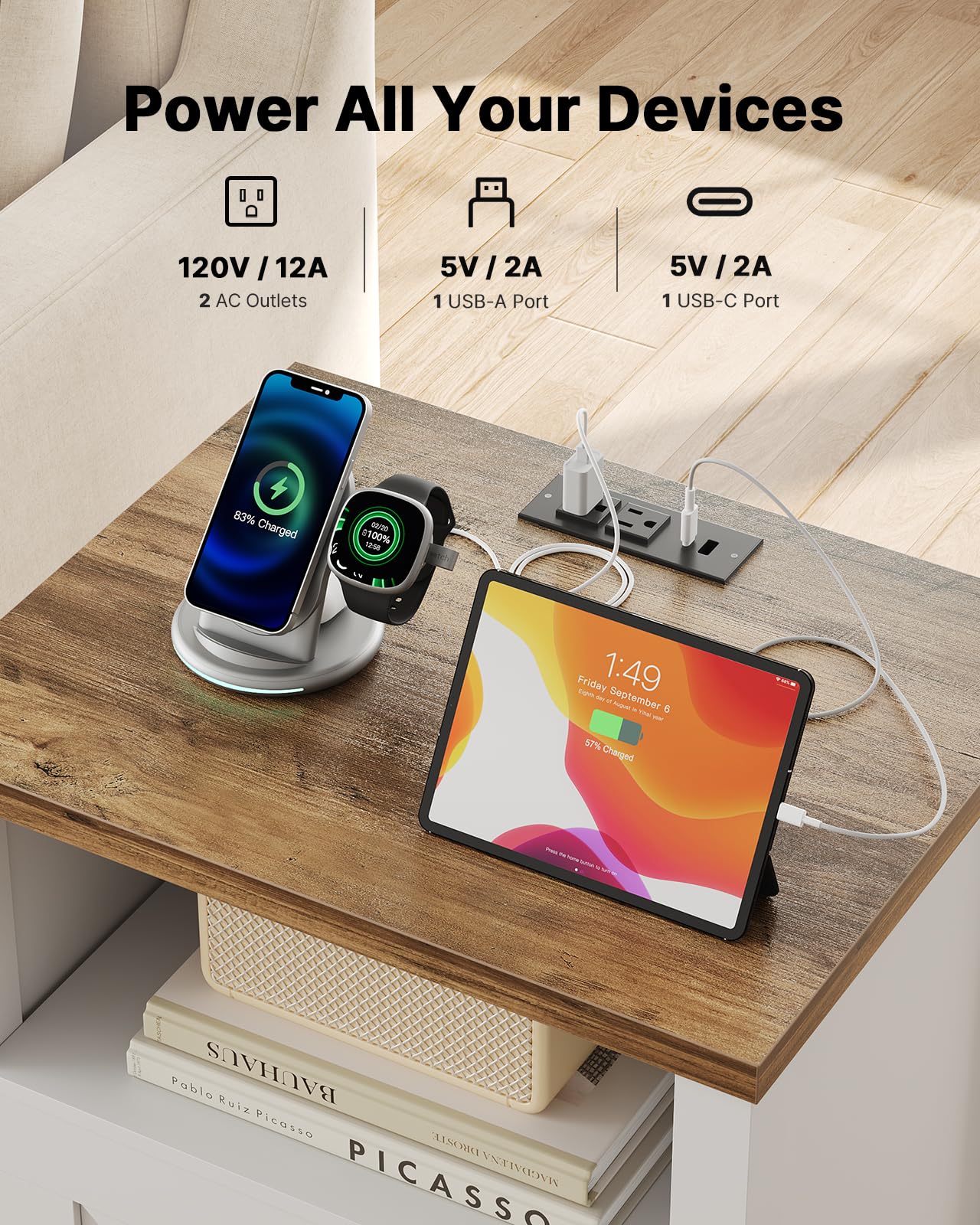 Marsail Farmhouse Nightstand Set of 2 with Charging Station, Wood Bedside Table with USB Port & AC Outlet, Open Shelf and Enclosed Cabinet, Side Table with Storage for Bedroom, Brown and White