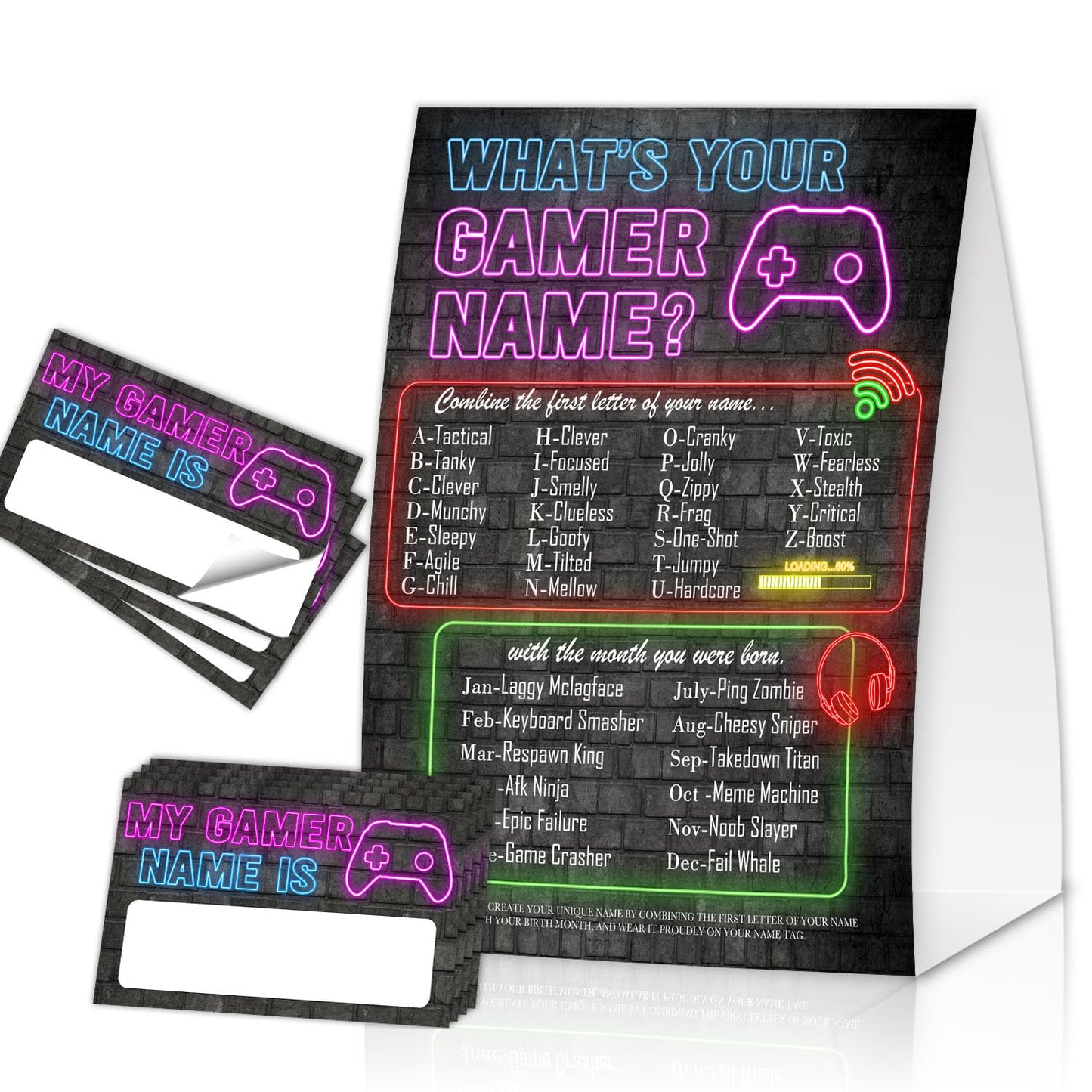 EQIUAG What's Your Gamer Name, Funny Game Night Decorations Cards Set,1 Game Sign and 30 Cards Games, Perfect for Birthday Party Activities