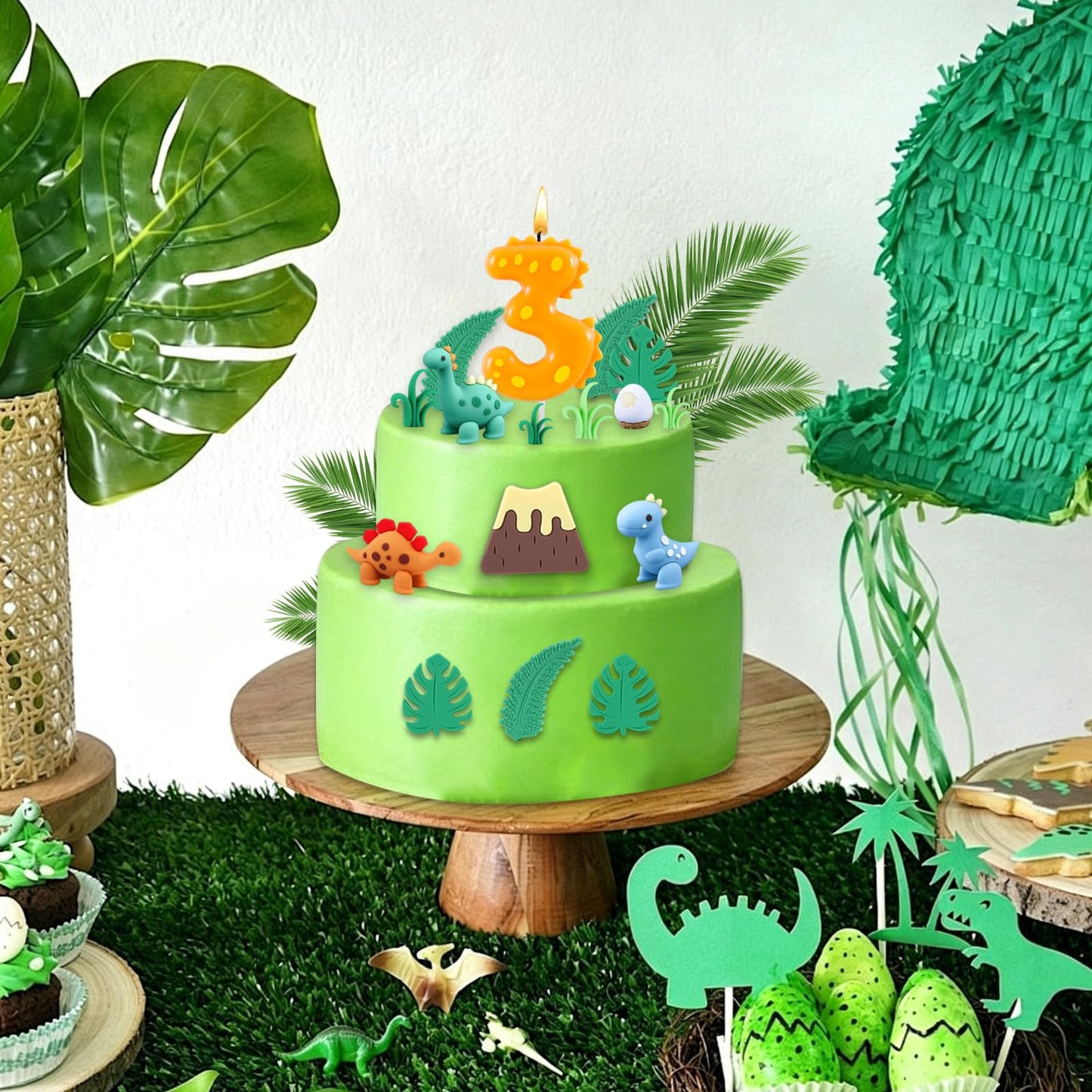 Dinosaur 3rd Birthday Cake Decorations - 15Pcs Dinosaur Cake Toppers with Number 3 Candle, Perfect for Boys Kids 3 Year Old Dinosaur Themed Party Supplies